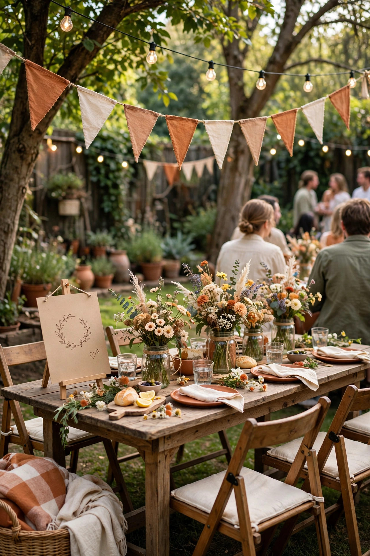 Backyard engagement party with DIY wildflower centerpieces, string lights and terracotta decor in daylight