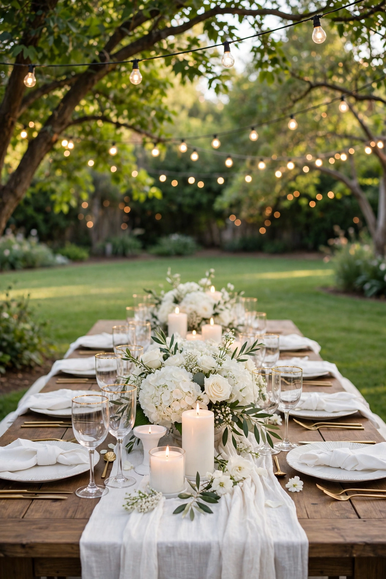 Elegant all-white backyard engagement party table with white roses, candles and string lights