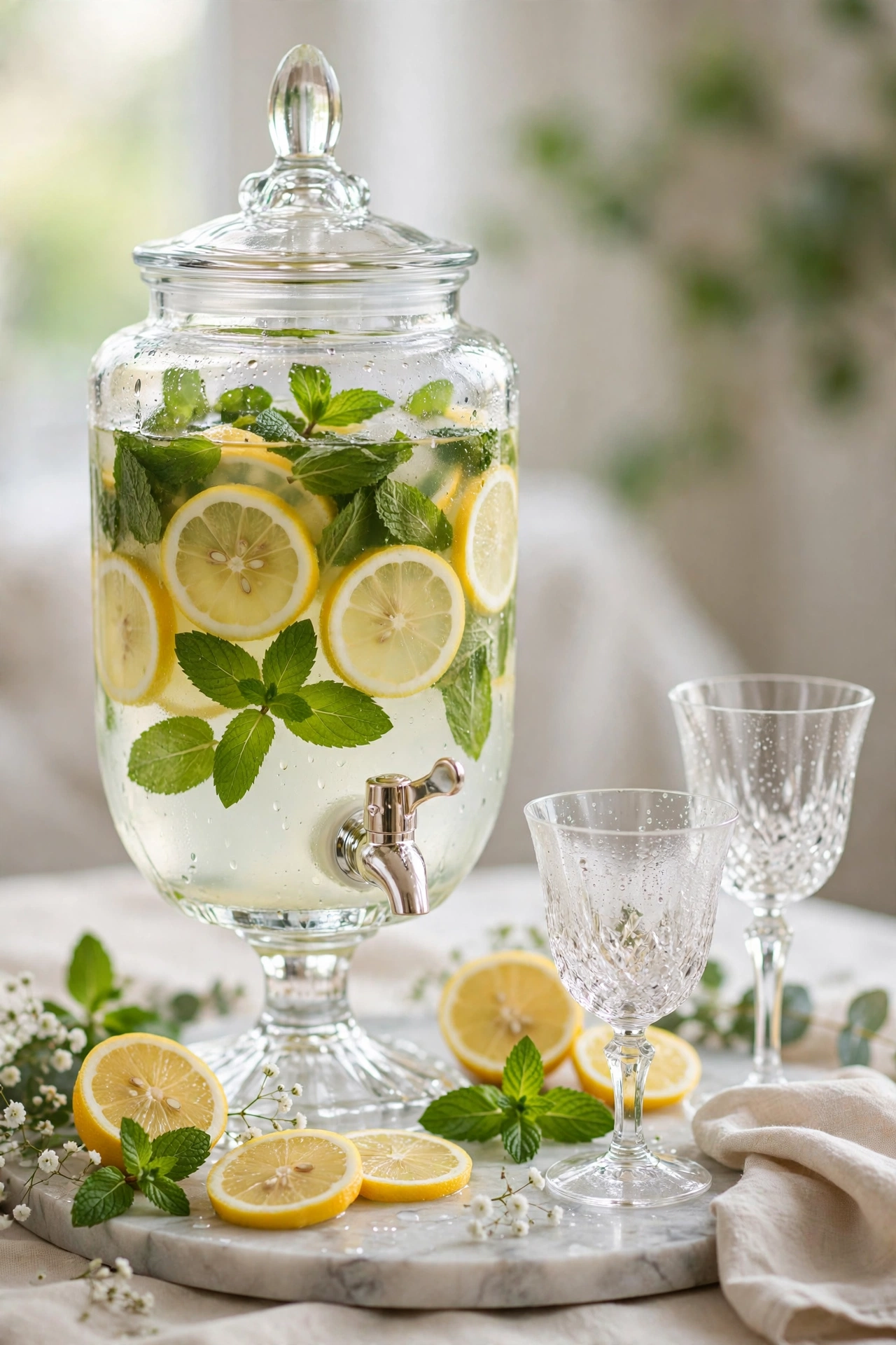 Close-up of a glass lemonade dispenser with mint and lemon wheels on a marble tray