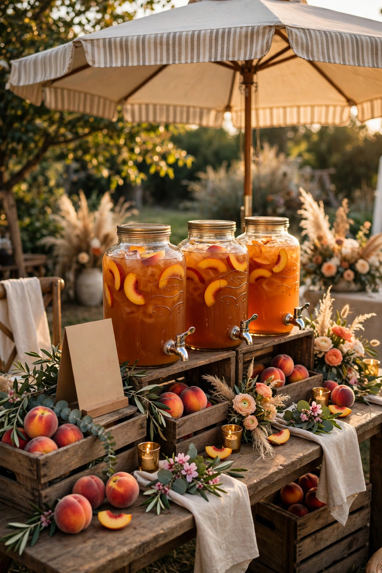 Rustic iced tea bar with peach-filled dispensers and wooden crates under an umbrella
