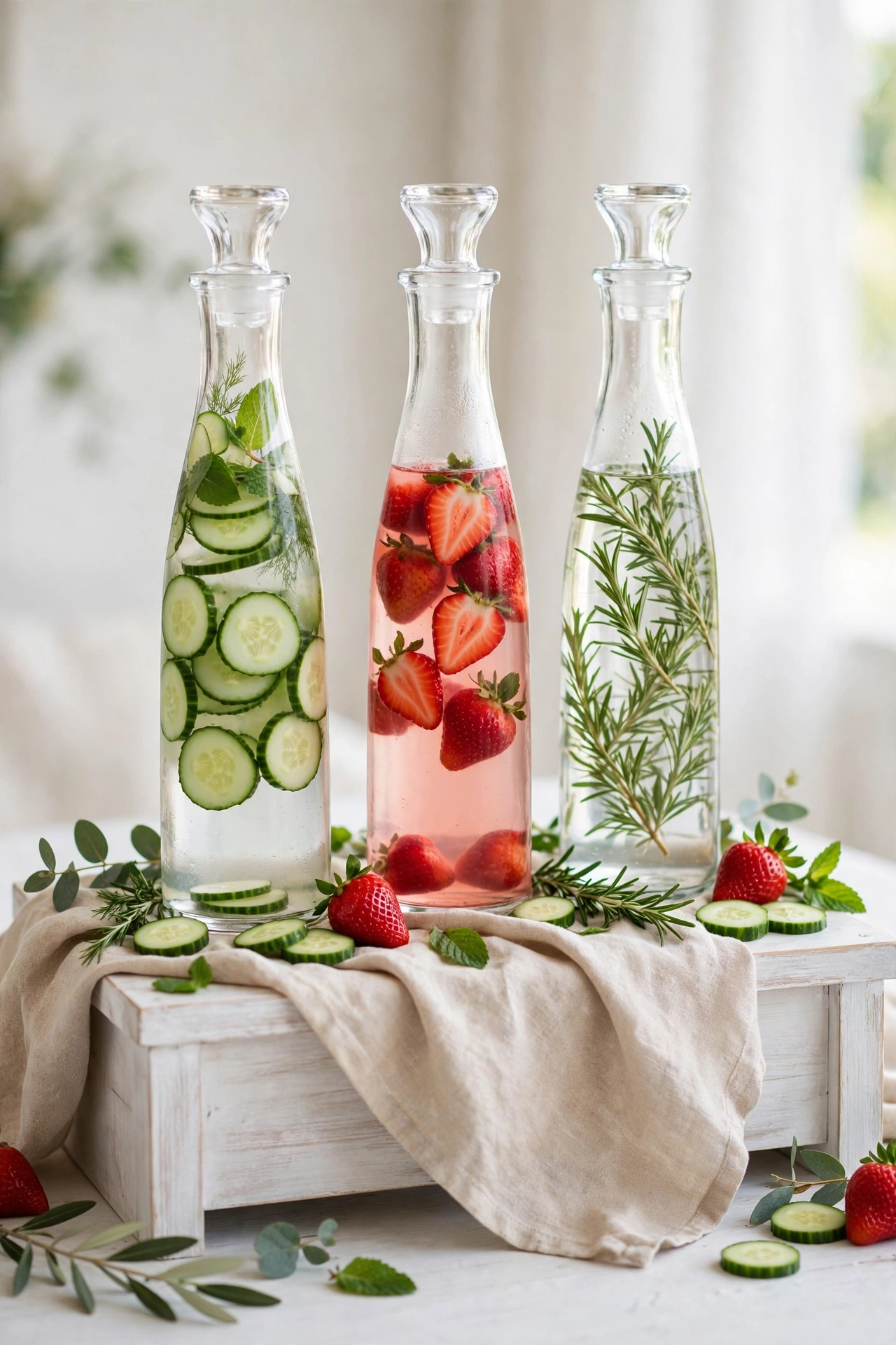 Glass carafes of cucumber, strawberry and rosemary infused water on a whitewashed stand