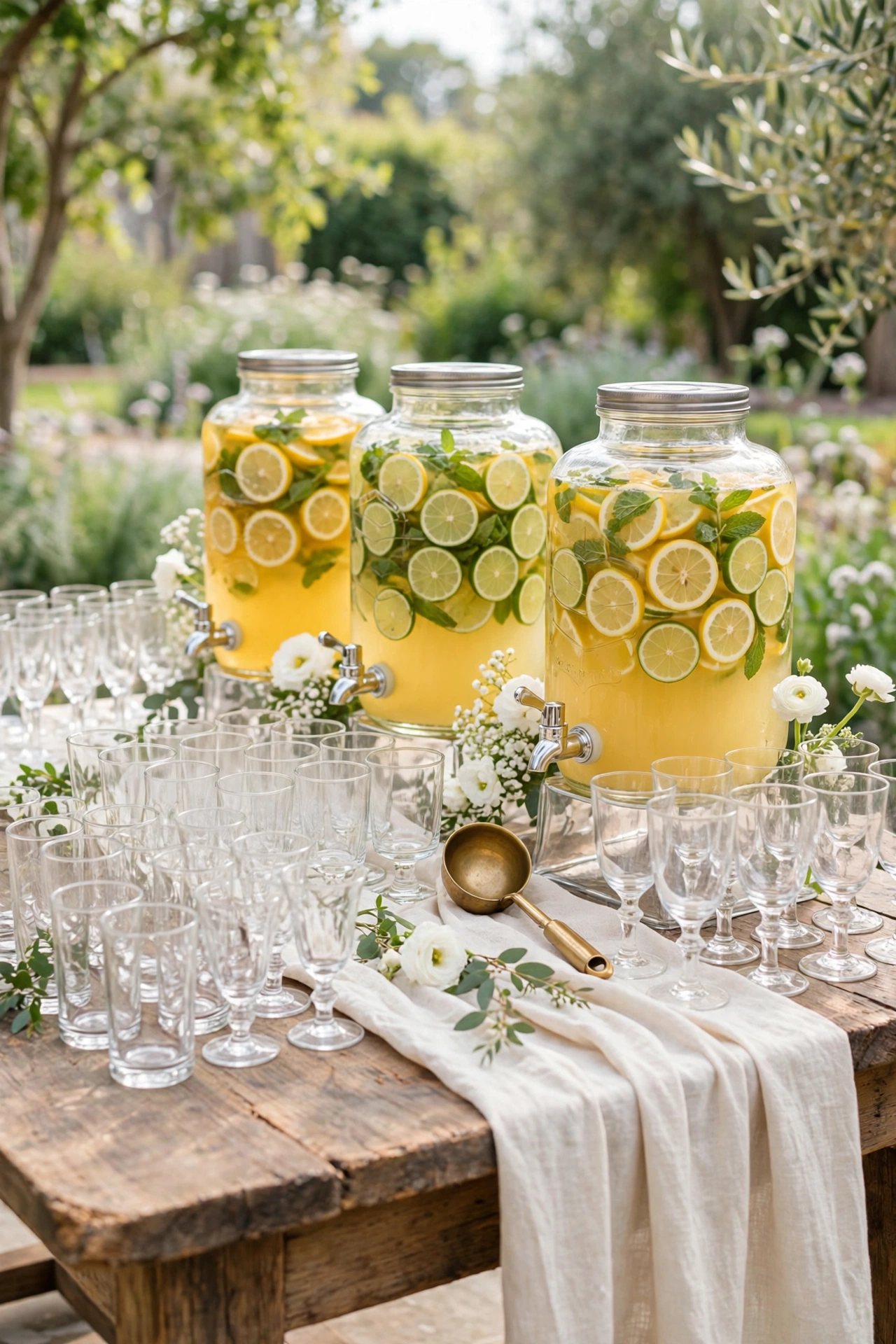 Bright wedding drink bar in a daytime garden with glass citrus dispensers and mint