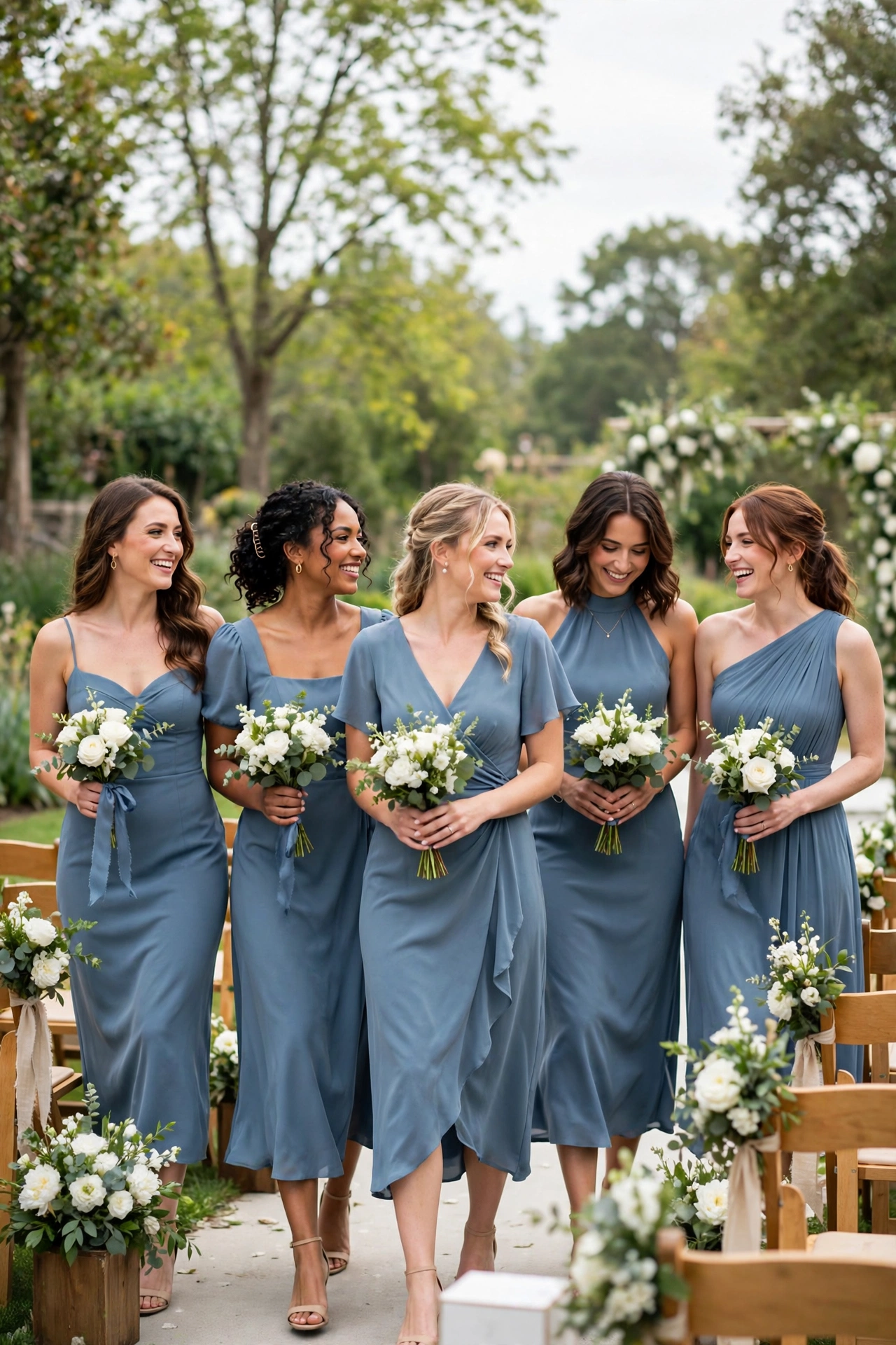 Bridesmaids in dusty-blue midi bridesmaid dresses walking along an outdoor wedding ceremony aisle in soft daylight
