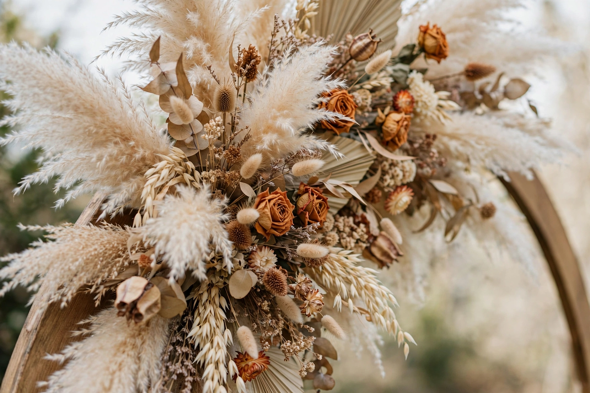 Close-up of a pampas grass and dried floral ceremony arch in cream and rust tones