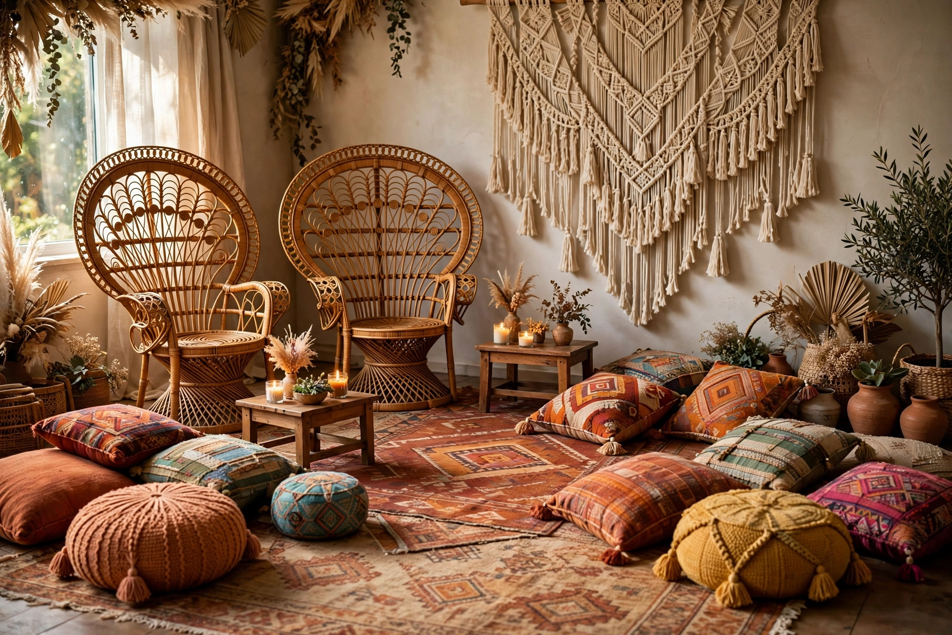 Low boho lounge corner with rattan peacock chairs, layered rugs and floor cushions in rust and sand tones