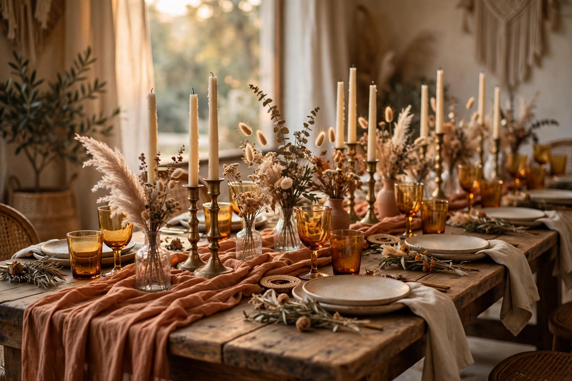 Boho reception tablescape with a terracotta linen runner, brass candlesticks and dried flower arrangements