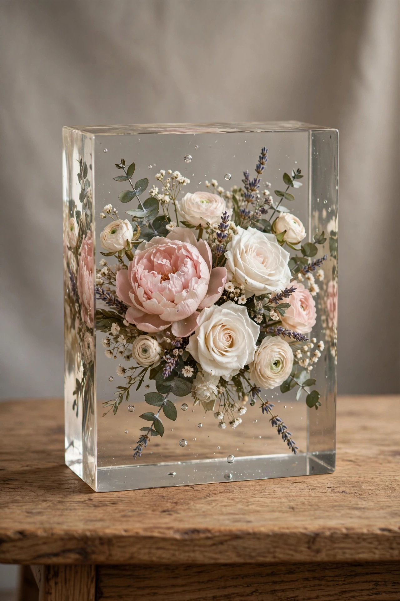Preserved wedding bouquet set inside a clear resin block on a wooden table