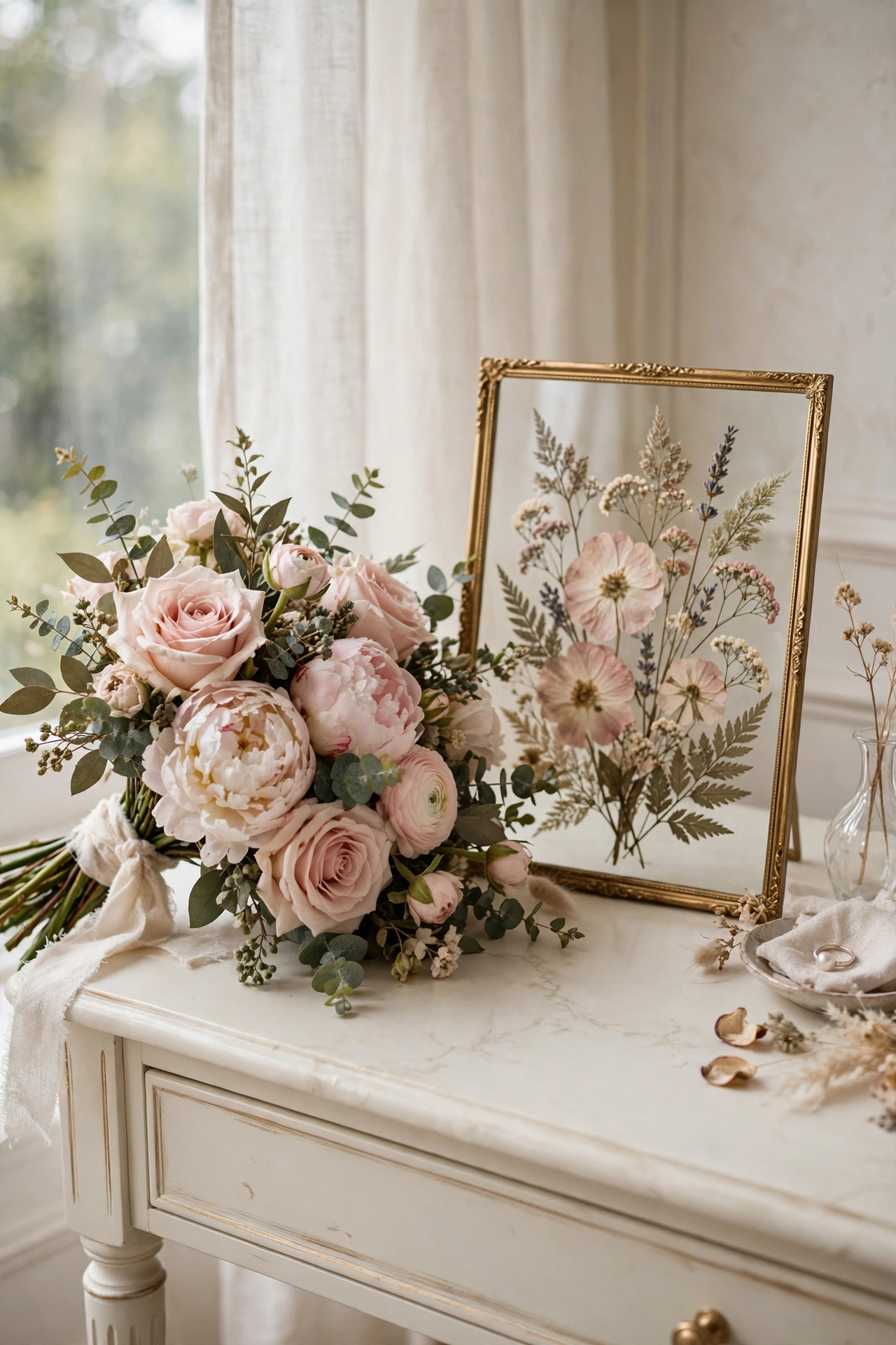 Bridal bouquet of blush roses and peonies resting on a vanity beside a pressed flower frame