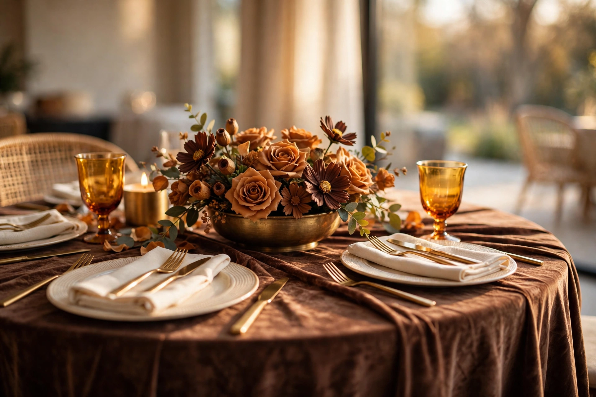 Chocolate brown velvet wedding table with toffee roses amber goblets and gold flatware