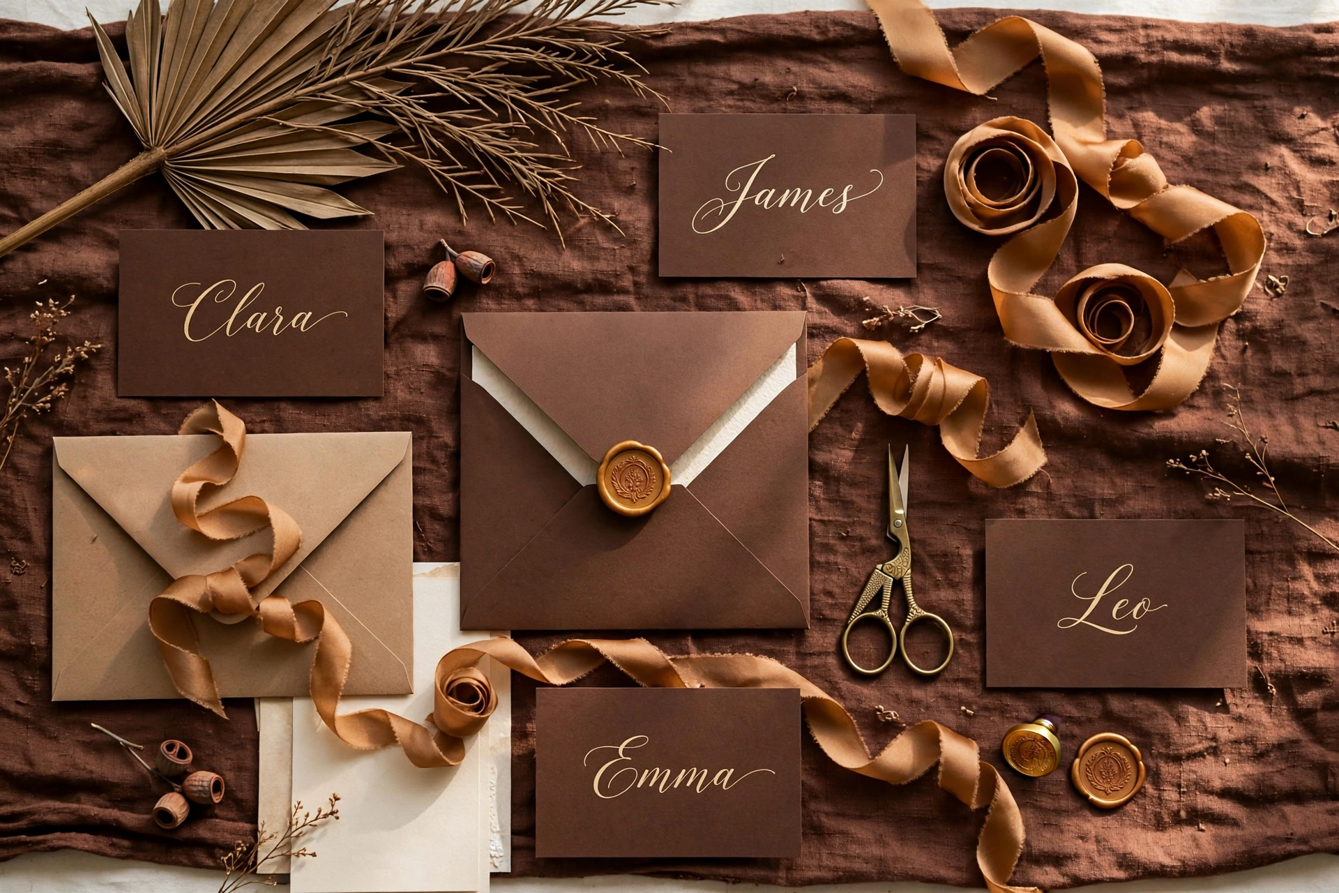 Chocolate brown wedding stationery with gold calligraphy place cards and caramel ribbon