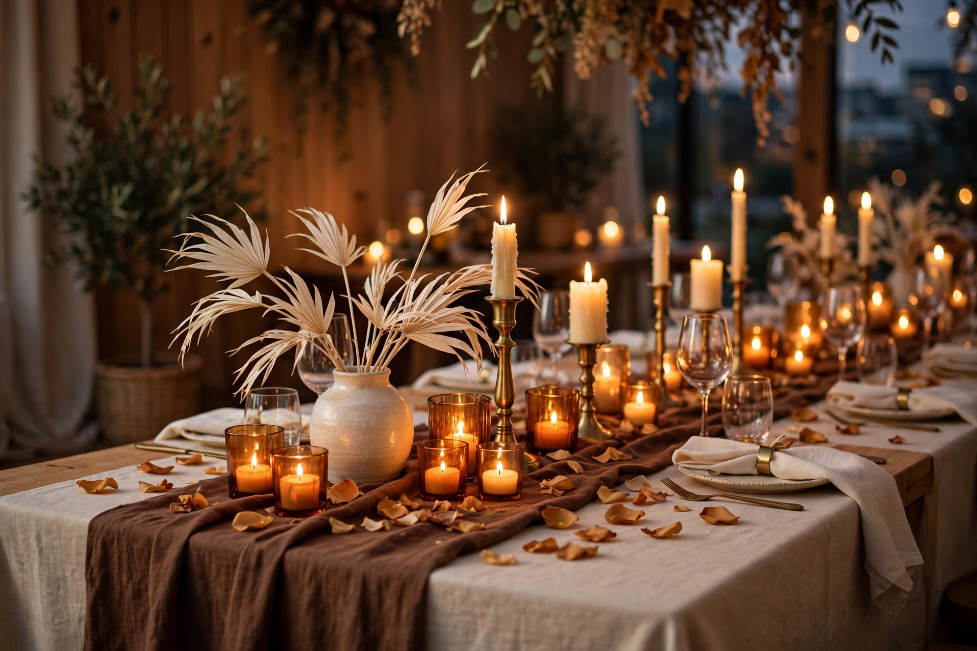 Candlelit brown wedding table runner with amber votives brass candlesticks and dried palms