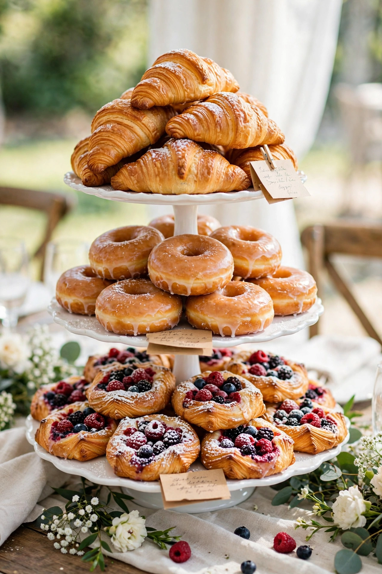 Fresh pastry display with croissants and donuts on tiered stands at a morning wedding brunch