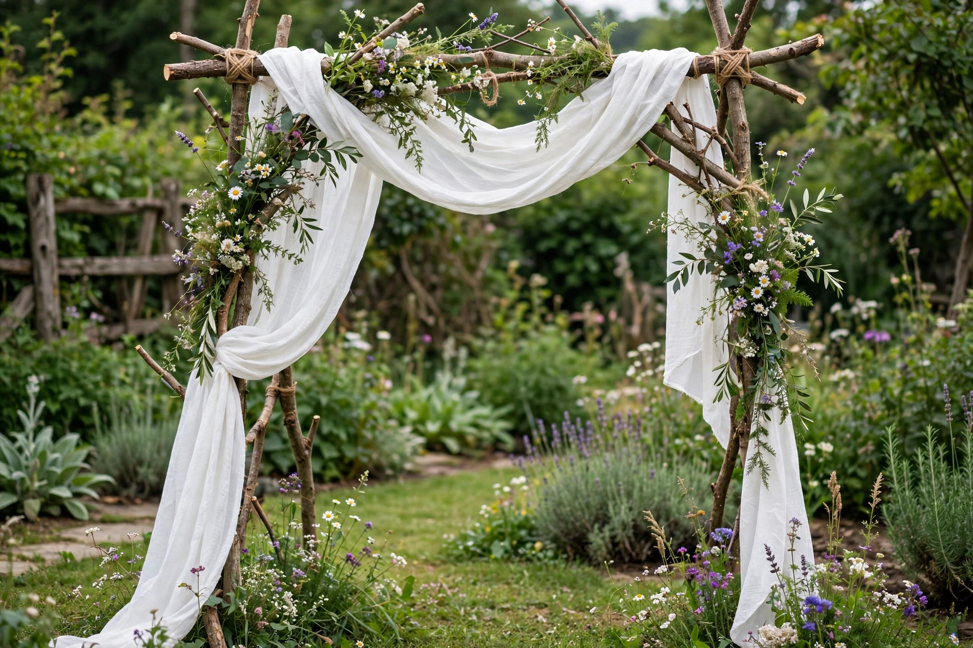 DIY backyard wedding ceremony arch made from branches and draped fabric with wildflowers