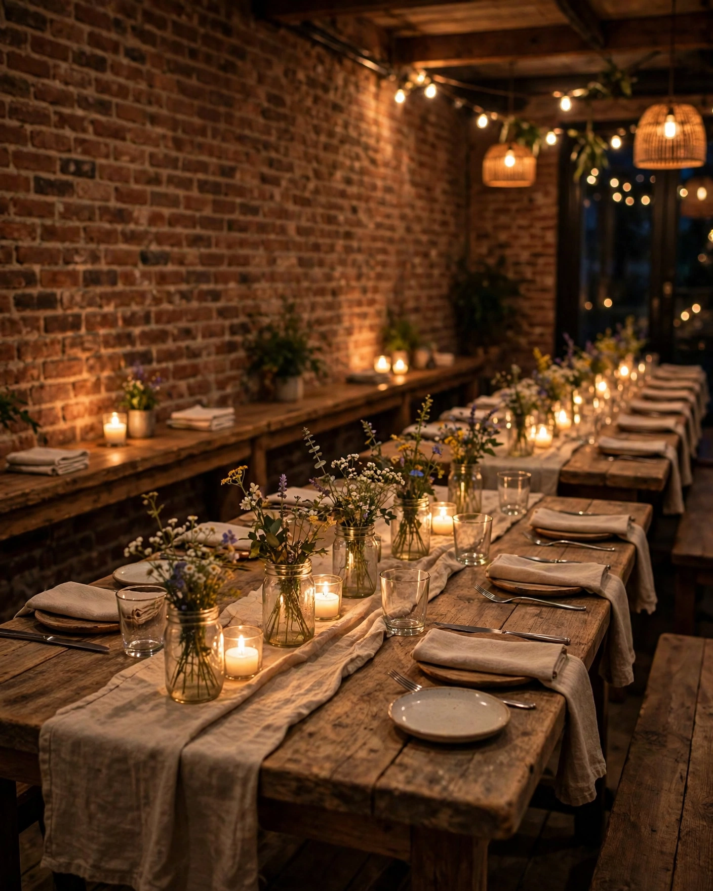 Casual restaurant private dining room with exposed brick, rustic tables, tea lights and wildflower posies for a rehearsal dinner