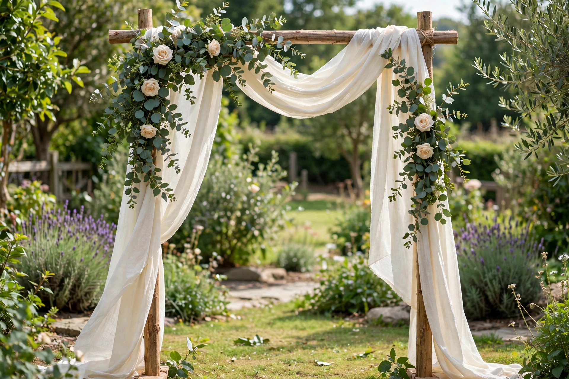 DIY wooden ceremony arch draped with ivory fabric and eucalyptus greenery