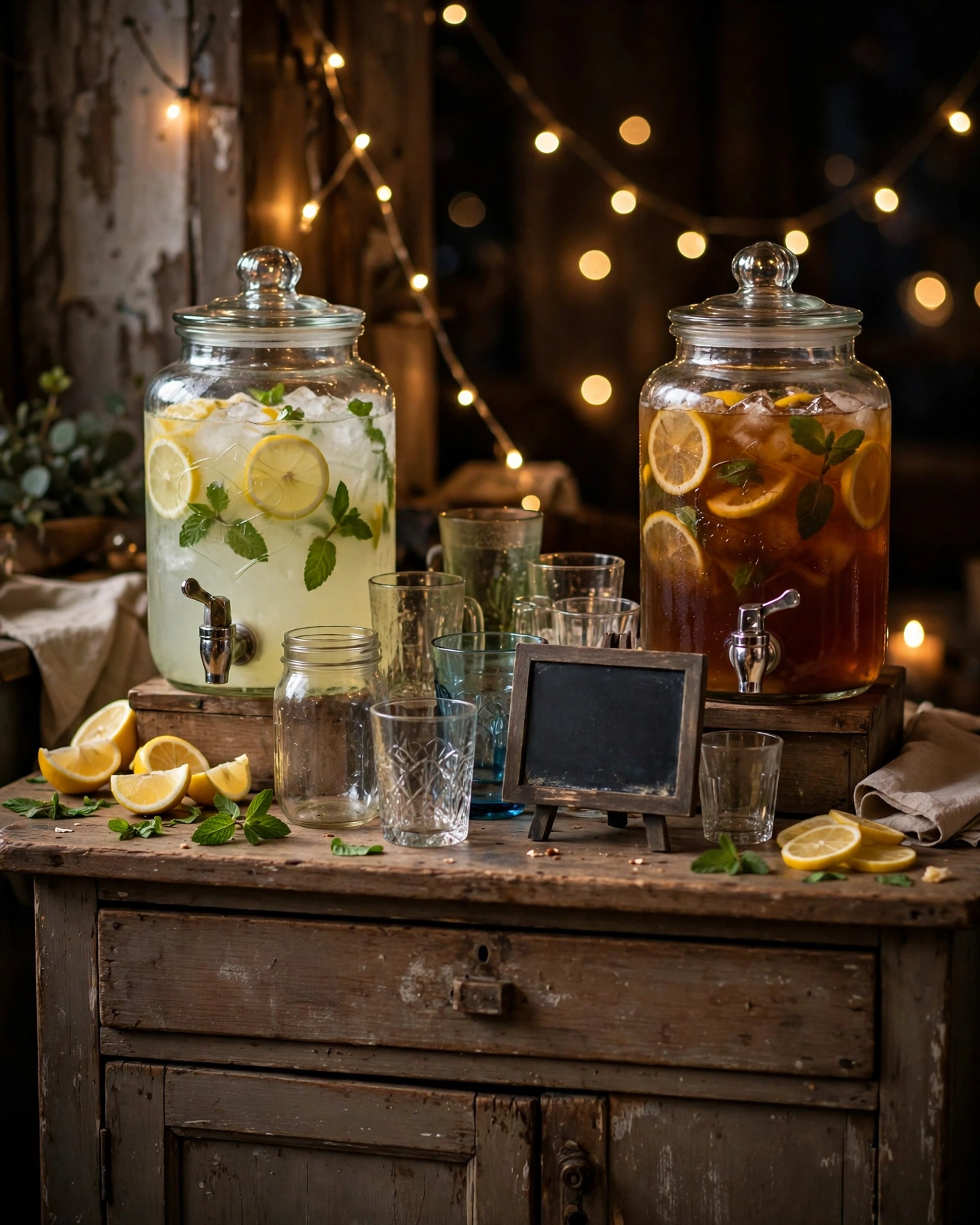Self-serve rehearsal dinner drink station with lemonade and iced tea dispensers, thrifted glassware and fairy lights