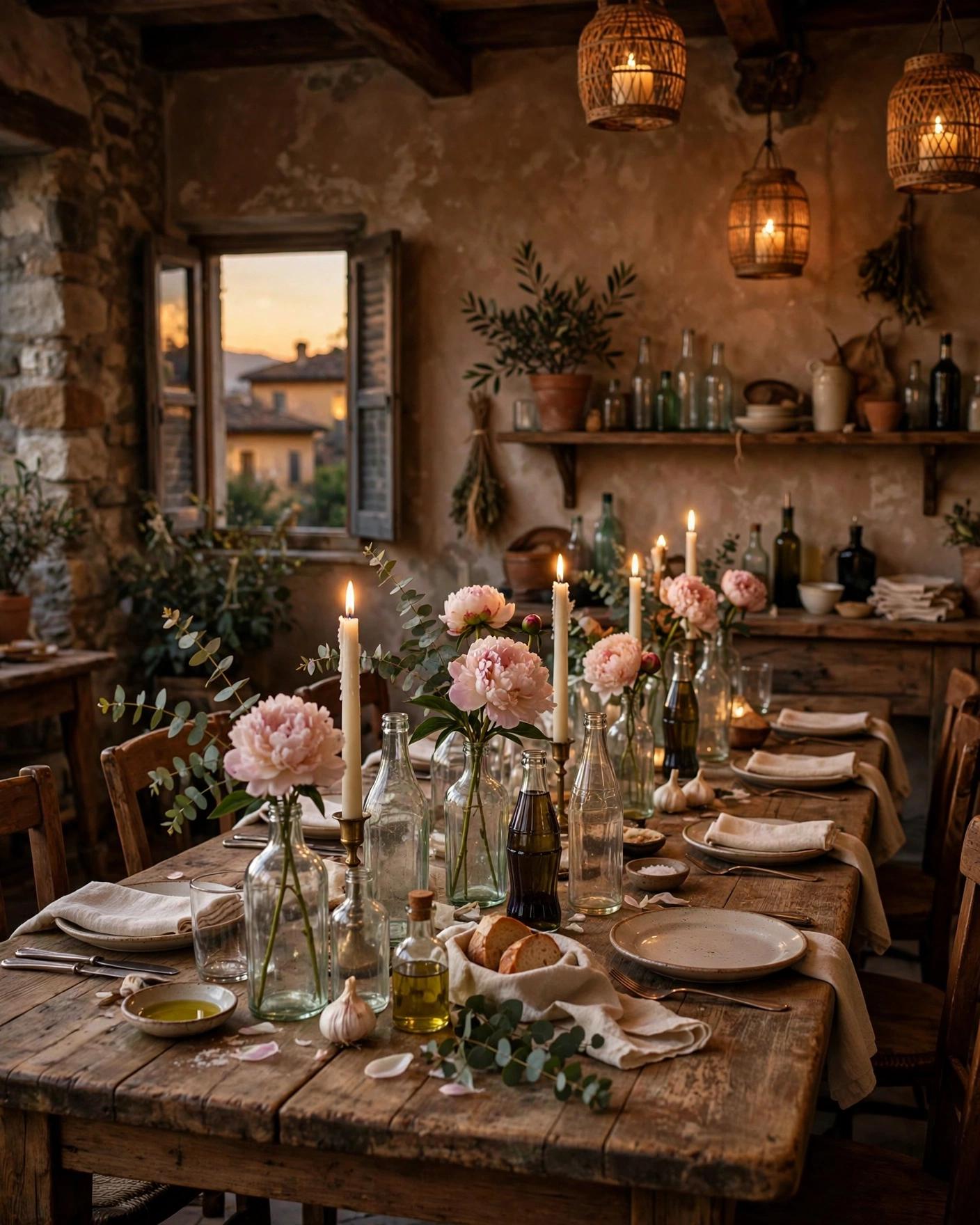 Cozy candlelit rehearsal dinner in a rustic Italian trattoria private room, blush peonies and ivory taper candles on a farmhouse table