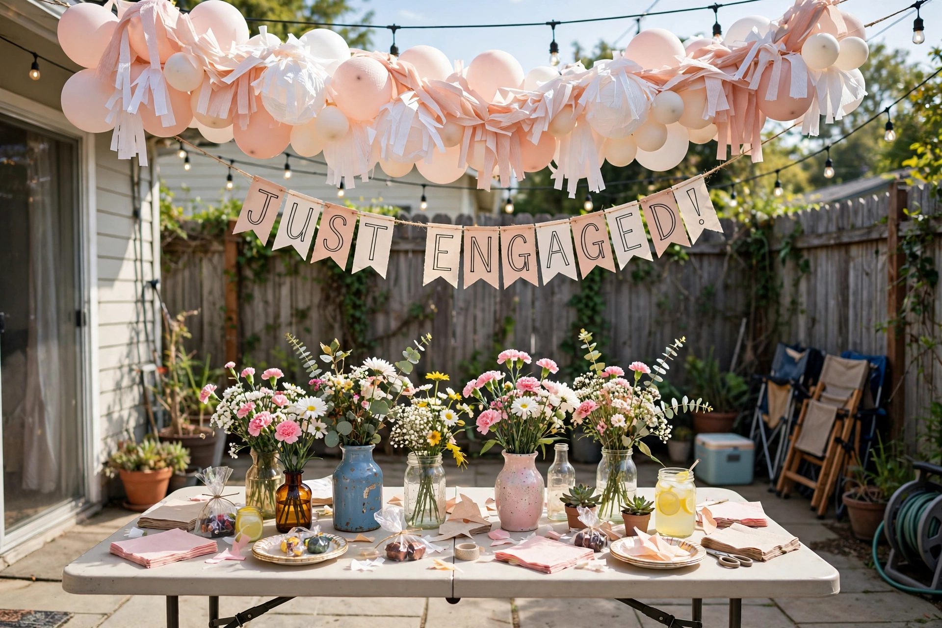 Affordable backyard patio engagement party with DIY balloon arch, string lights and handmade decorations in daylight