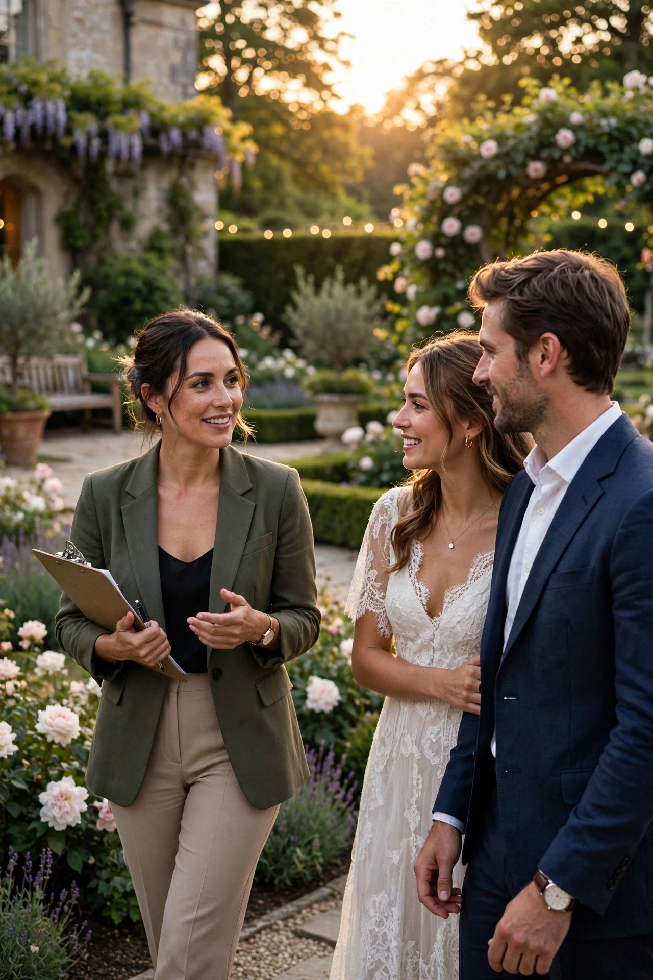 Couple touring an elegant wedding venue garden with a coordinator