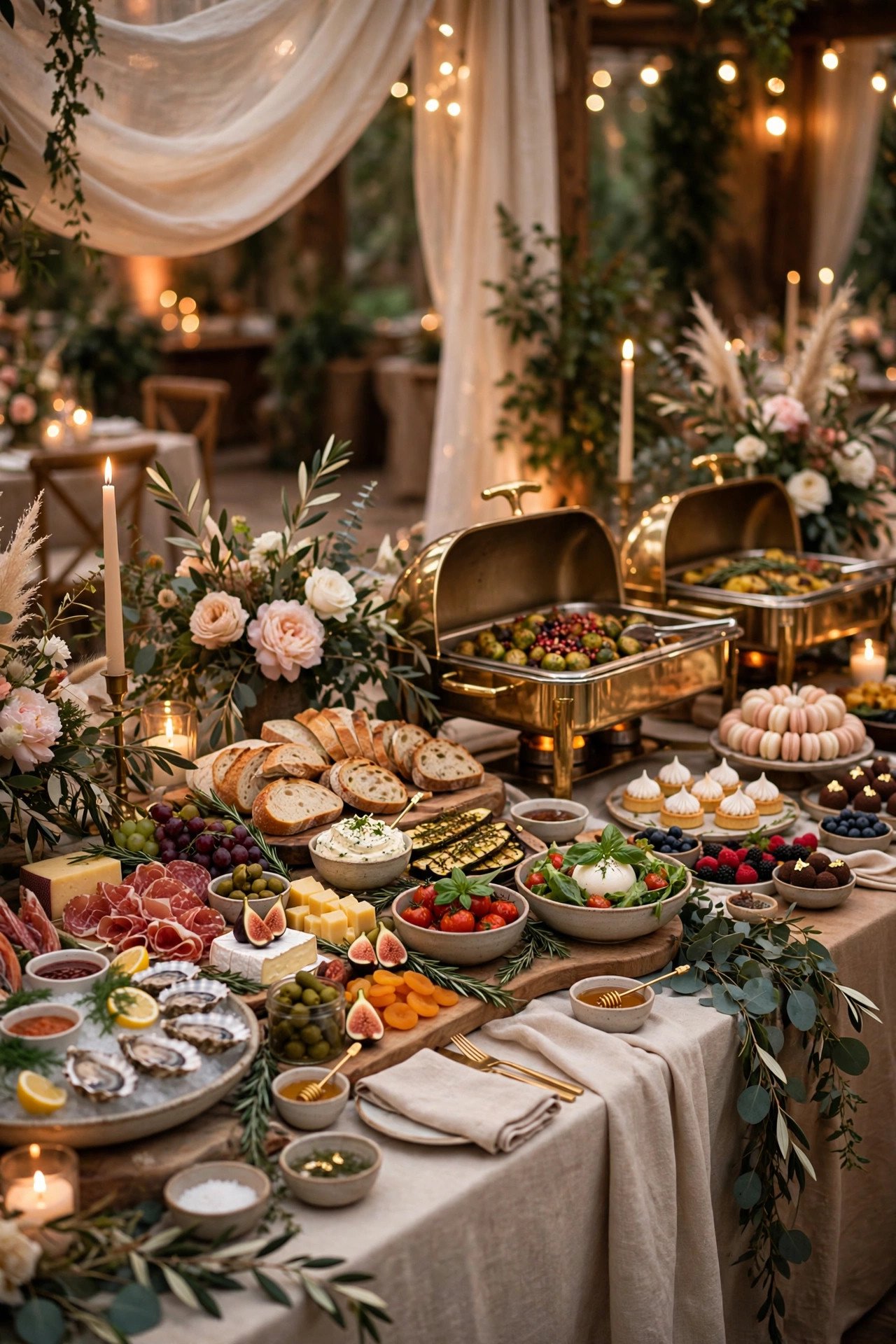 Elegant wedding buffet catering spread with guests serving themselves