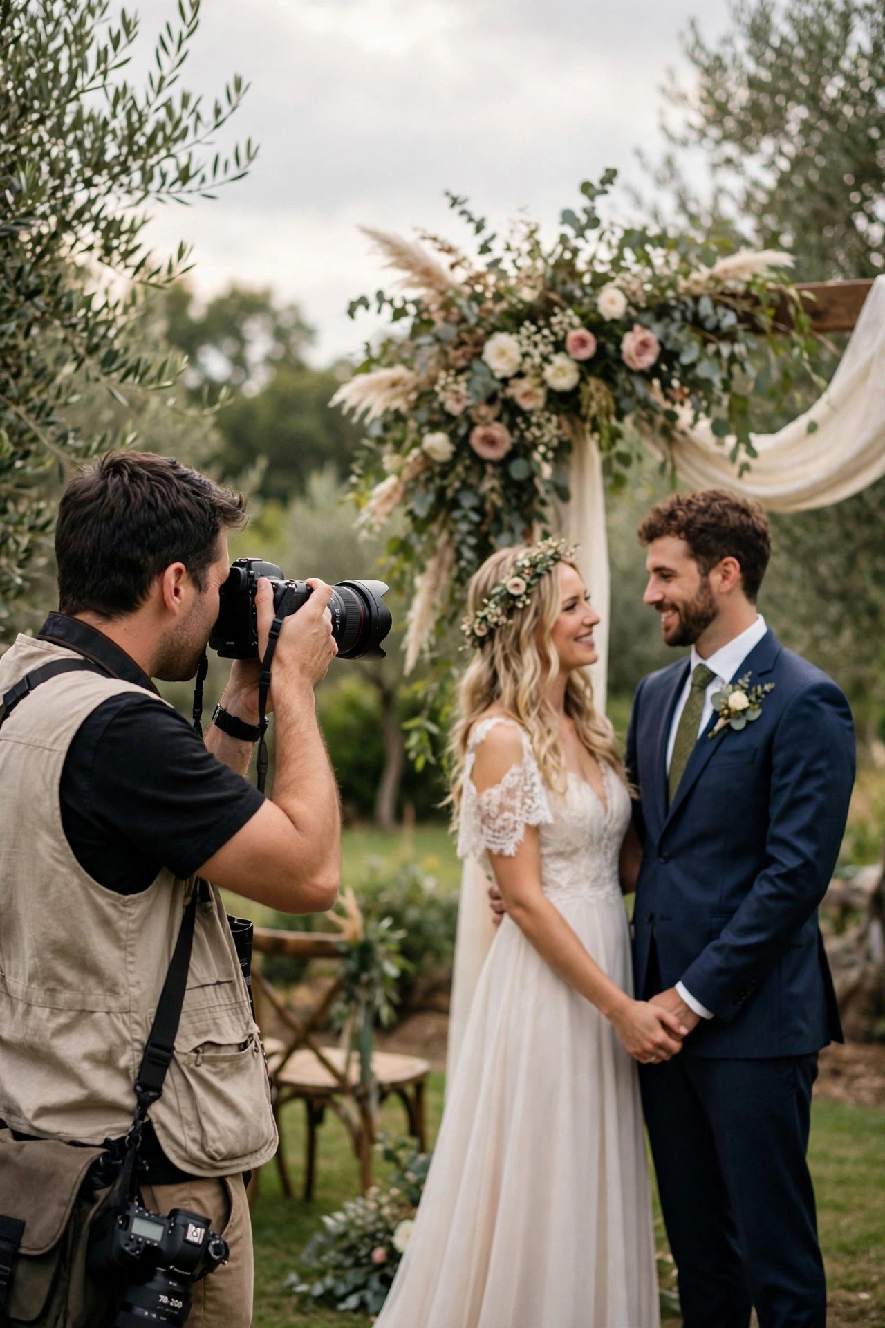 Wedding photographer capturing the couple's ceremony in soft light