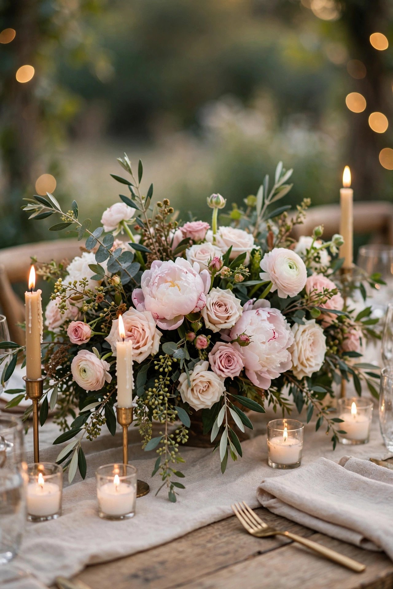 Lush wedding floral centerpiece with candles on a reception table