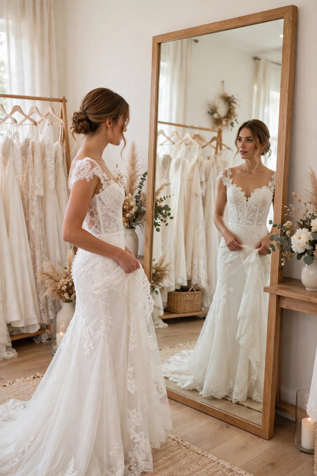 Bride trying on wedding gowns in a boutique with soft lighting