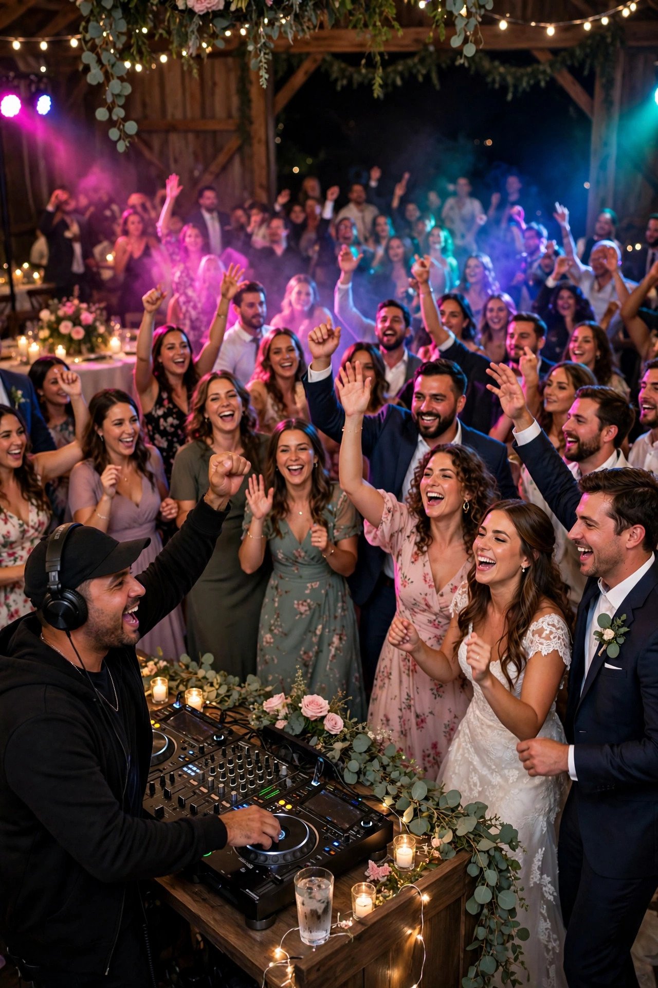 DJ energizing a packed wedding dance floor with colorful lights