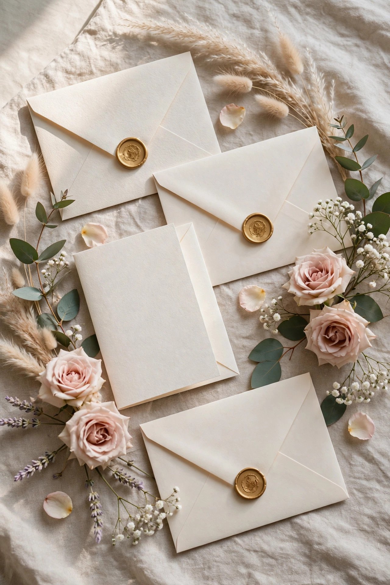 Elegant wedding invitation suite with envelopes on a styled table