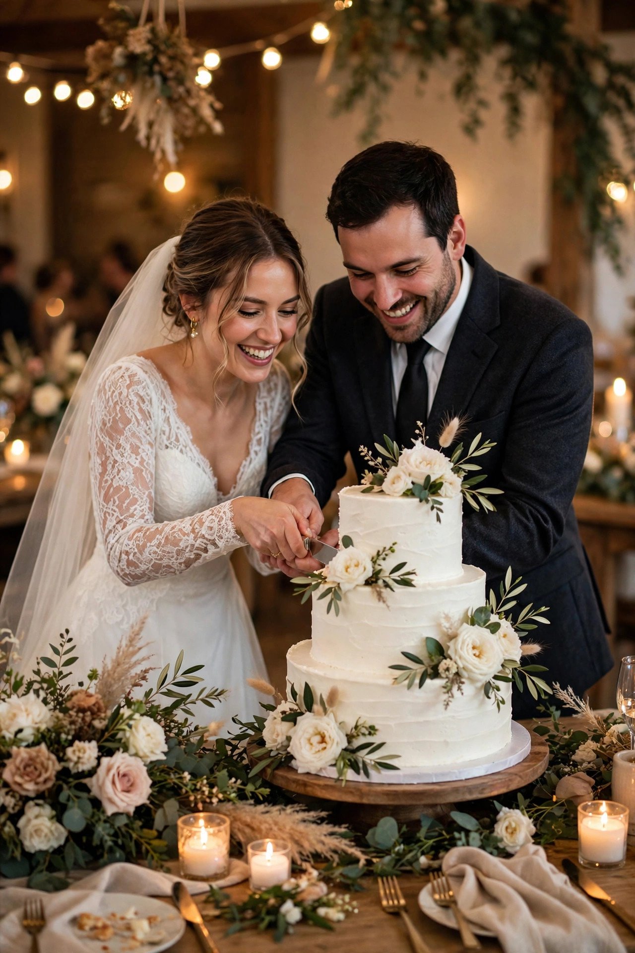 Couple cutting an elegant tiered wedding cake at their reception