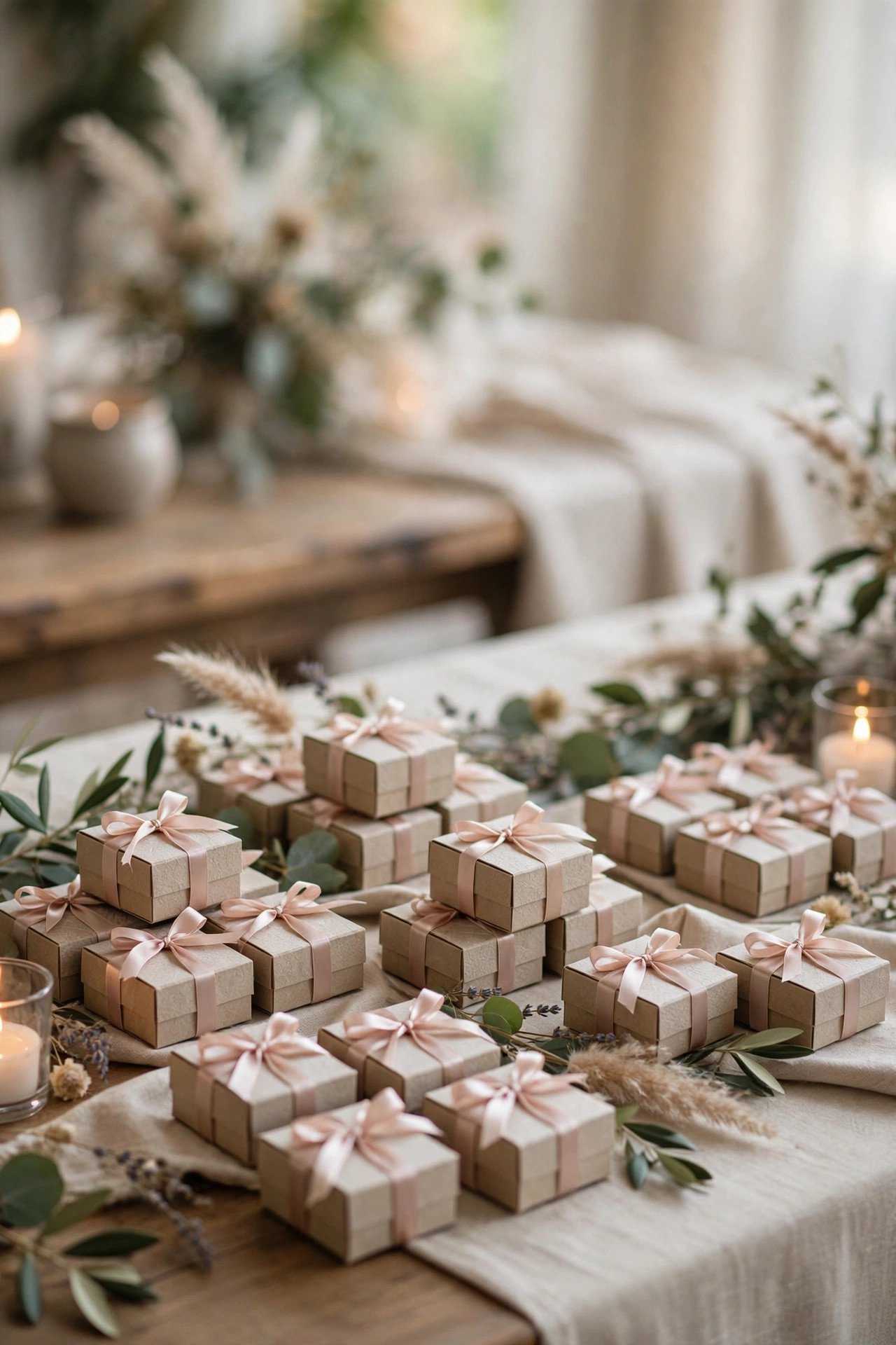Table of small wedding favor boxes with ribbon at a reception