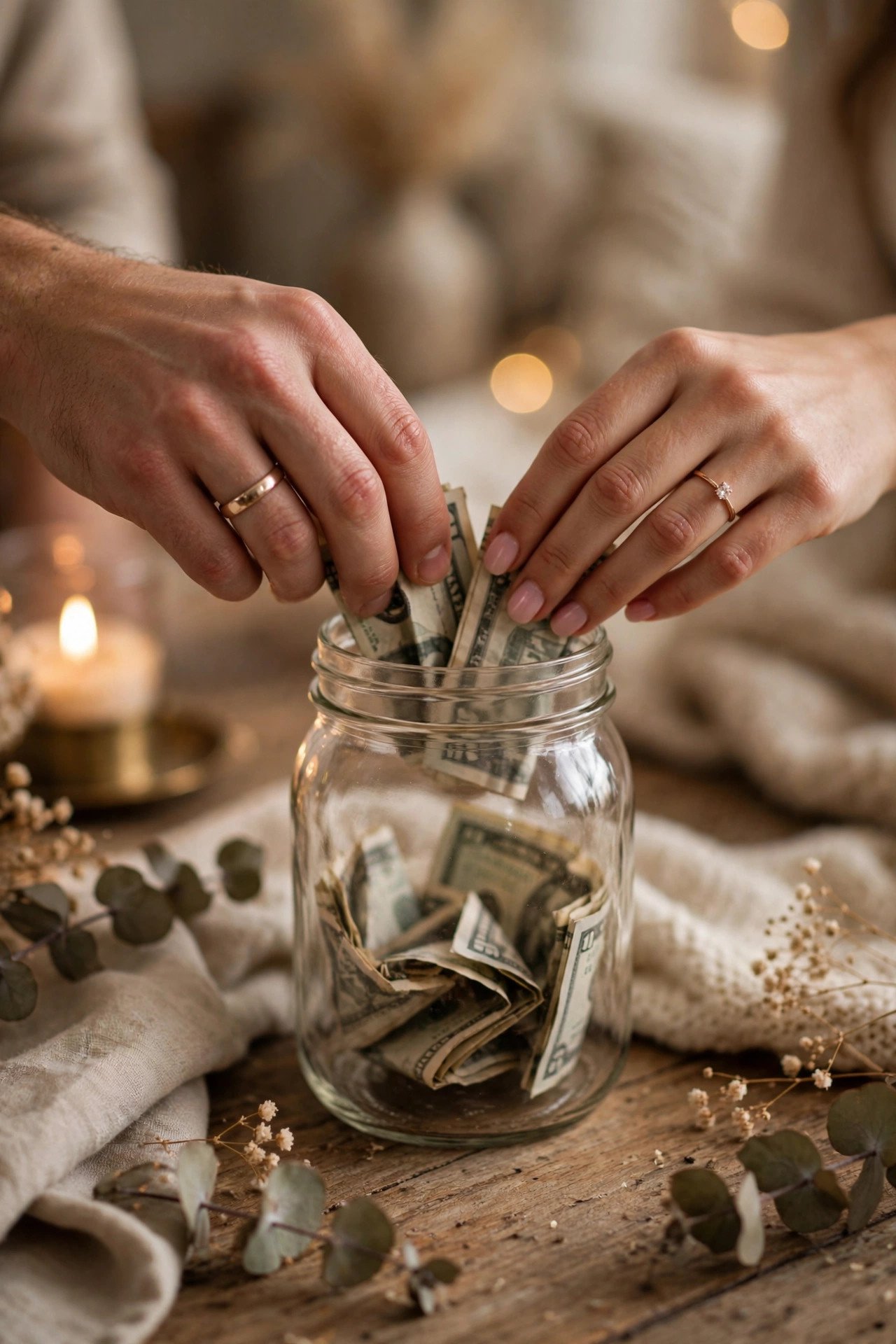 Couple putting cash into a savings jar labeled wedding buffer fund at home