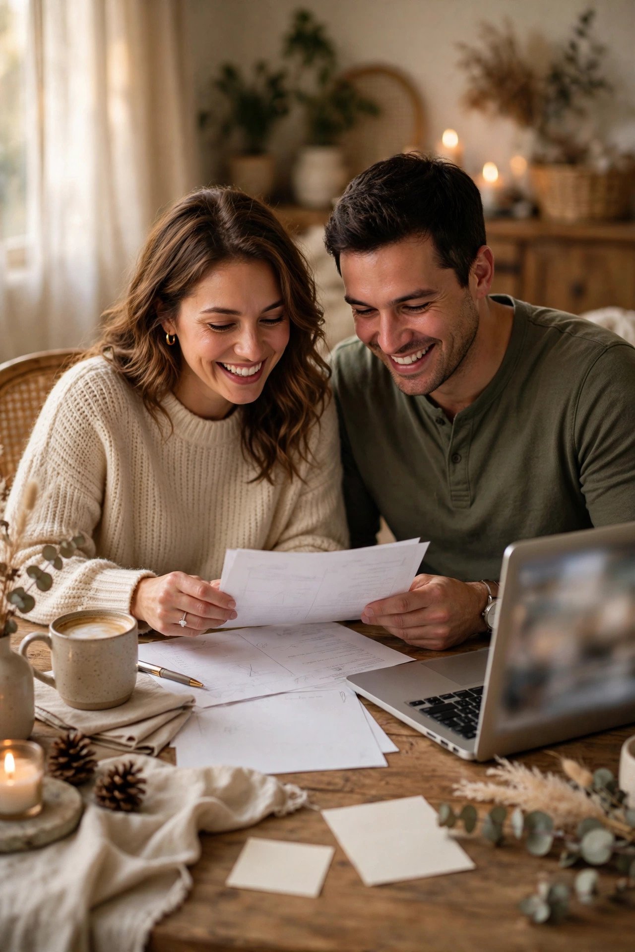 Happy couple reviewing their wedding budget breakdown together at home