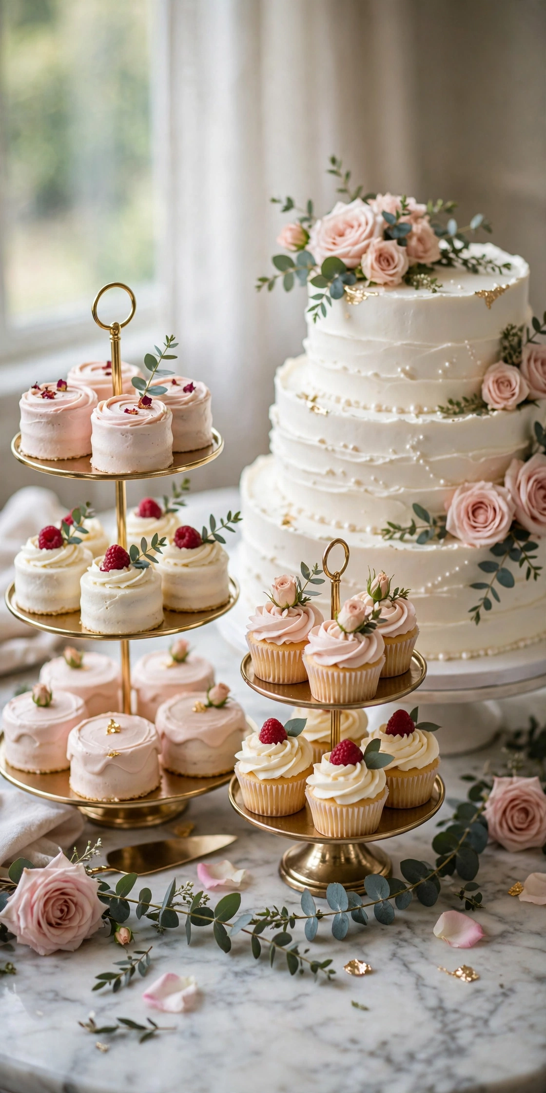 Wedding dessert table with mini cakes and cupcakes on tiered gold stands beside the main cake