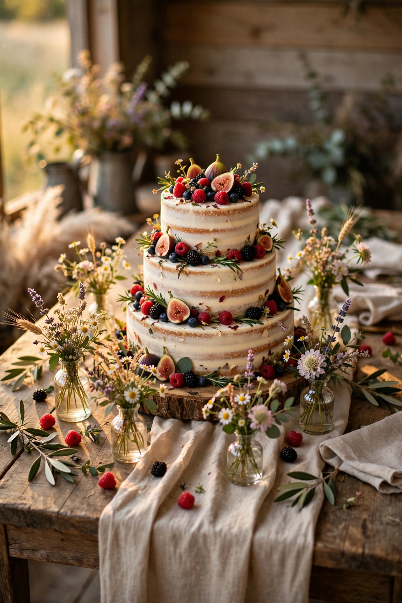 Rustic semi-naked wedding cake with fresh berries and figs on wooden slab