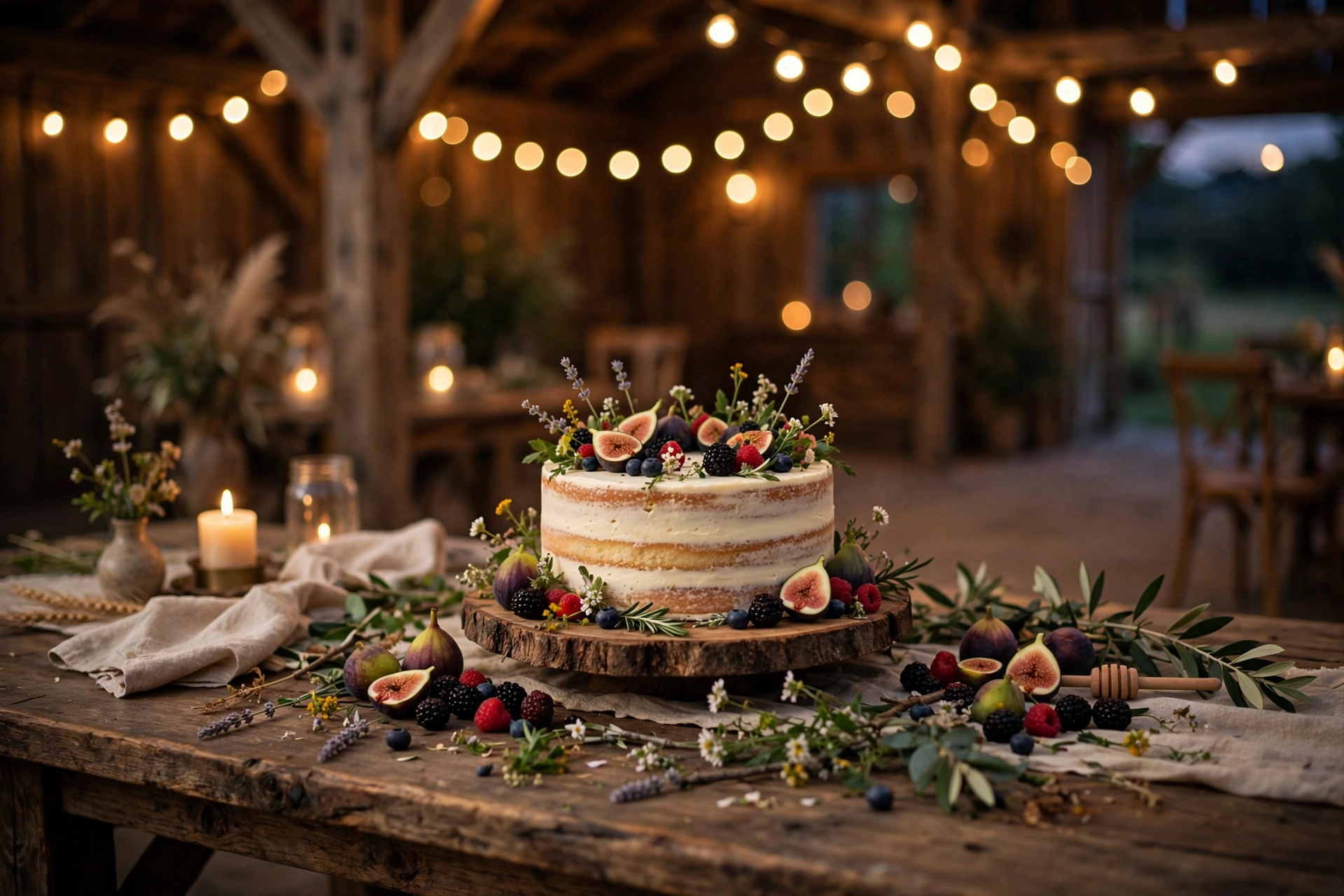 Naked single-tier cake on a live-edge wood slab stand with figs and berries