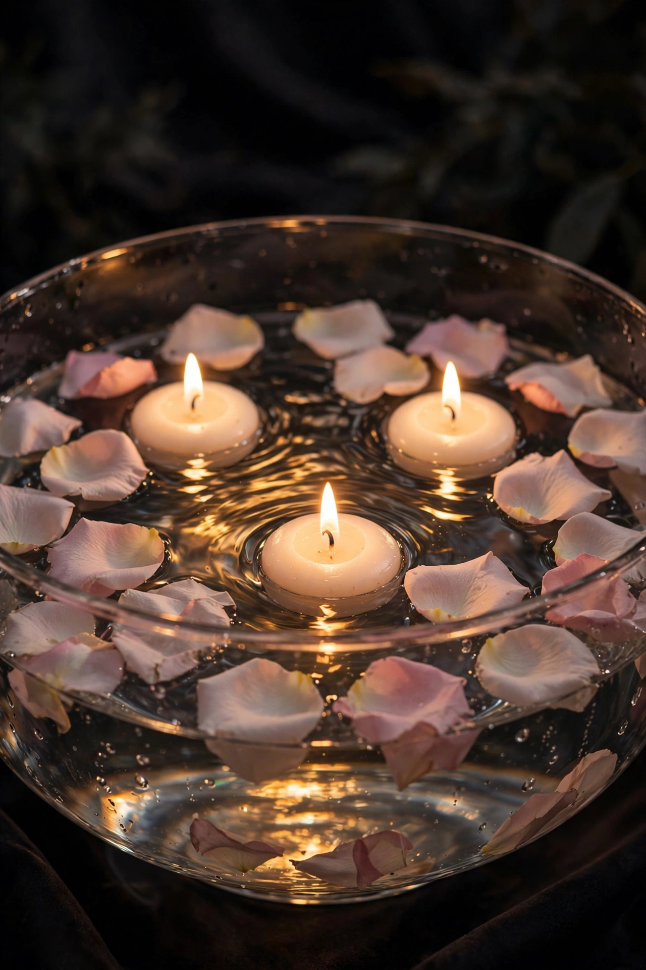Glass bowl with floating candles and blush rose petals as wedding table centerpiece