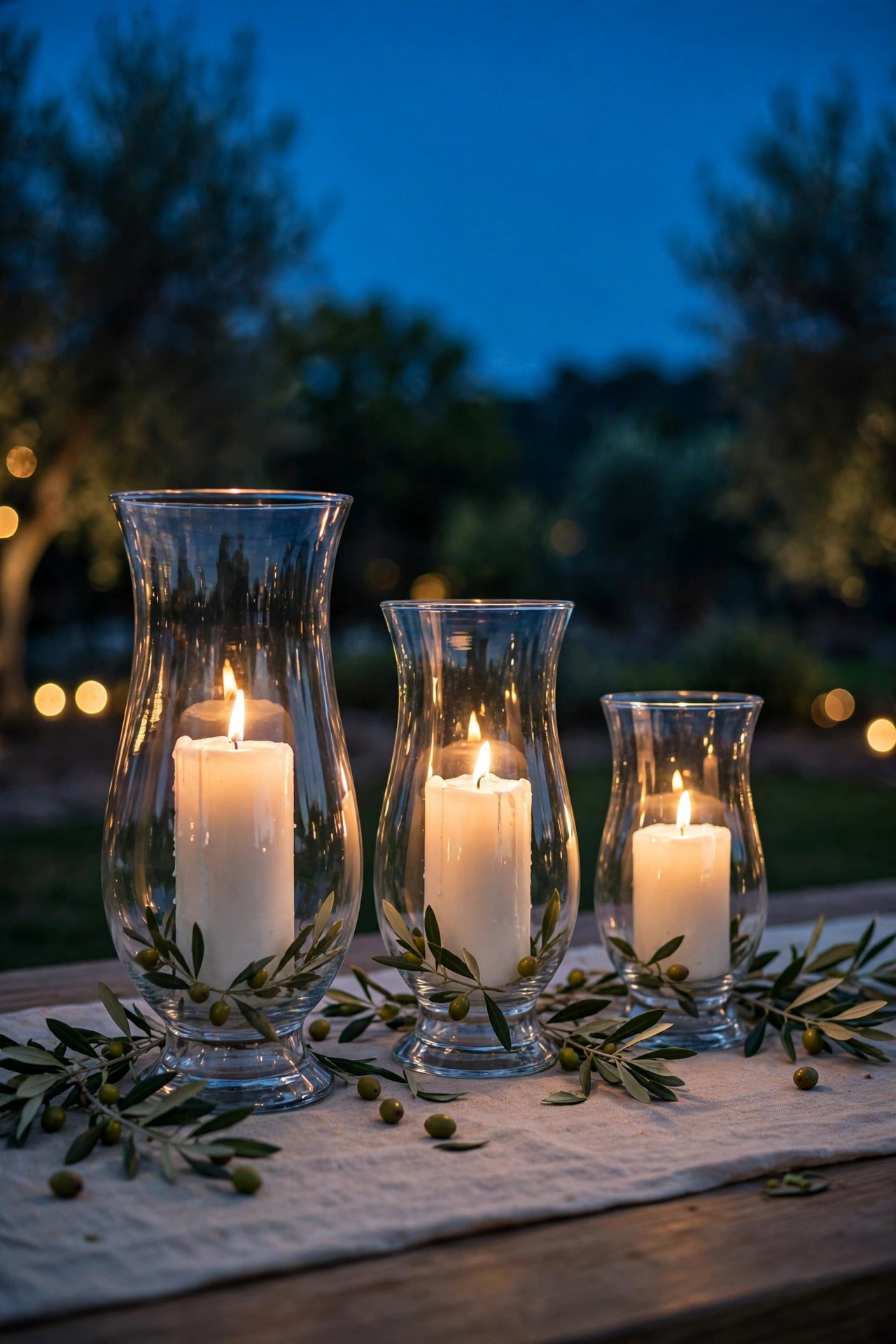 Three glass hurricane vases with glowing pillar candles on outdoor wedding table at dusk