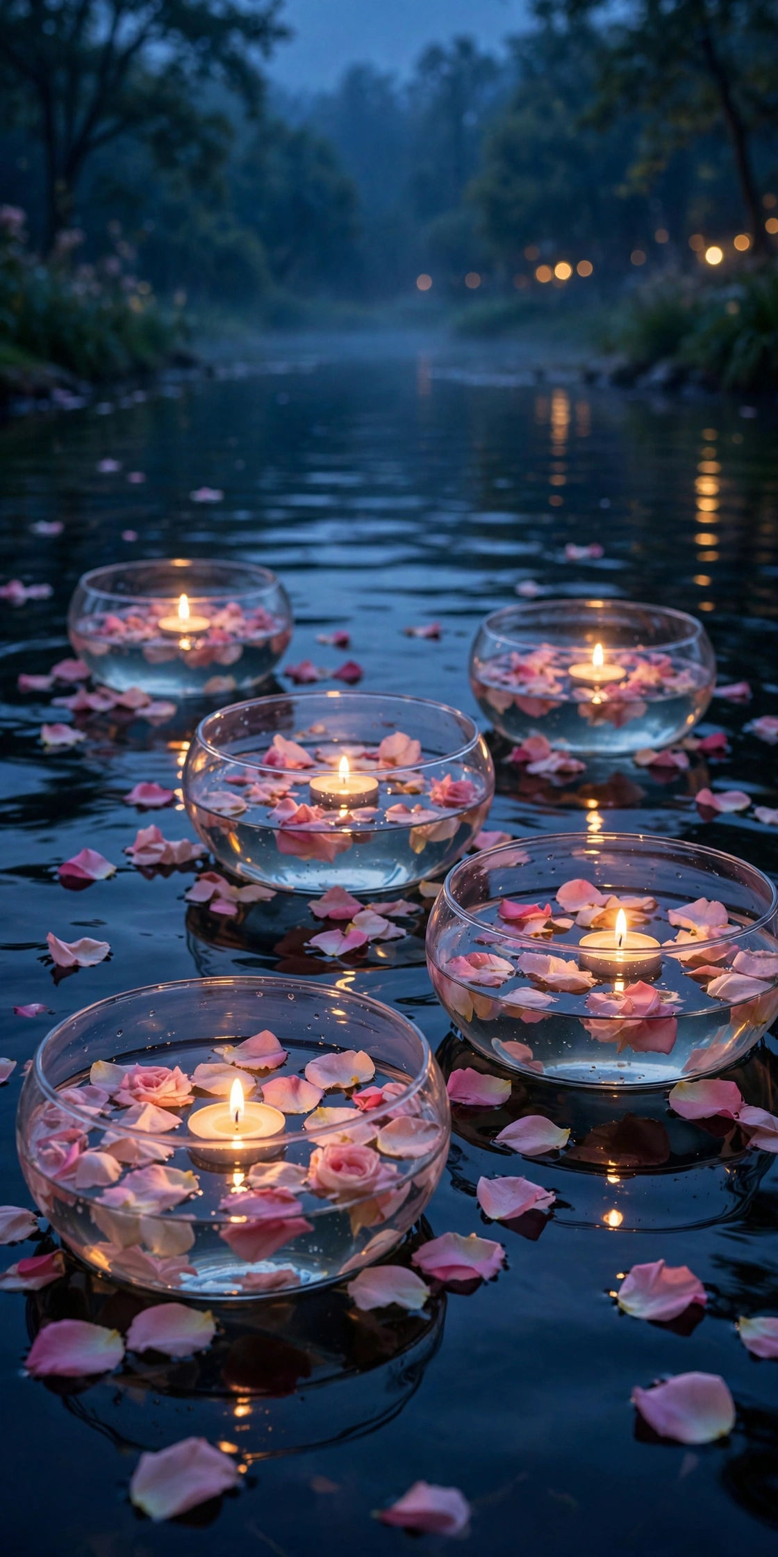 Floating candles in glass bowls with flower petals at blue hour