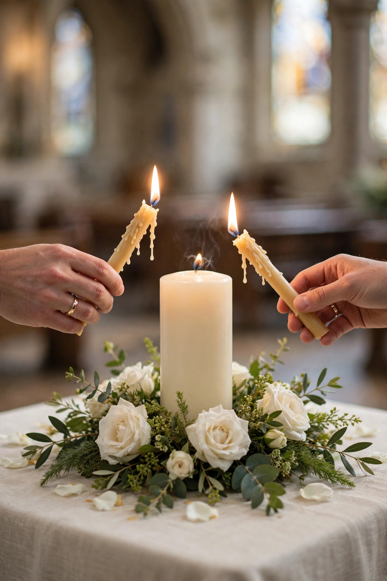 Wedding unity candle ceremony with two taper candles lighting a central pillar candle