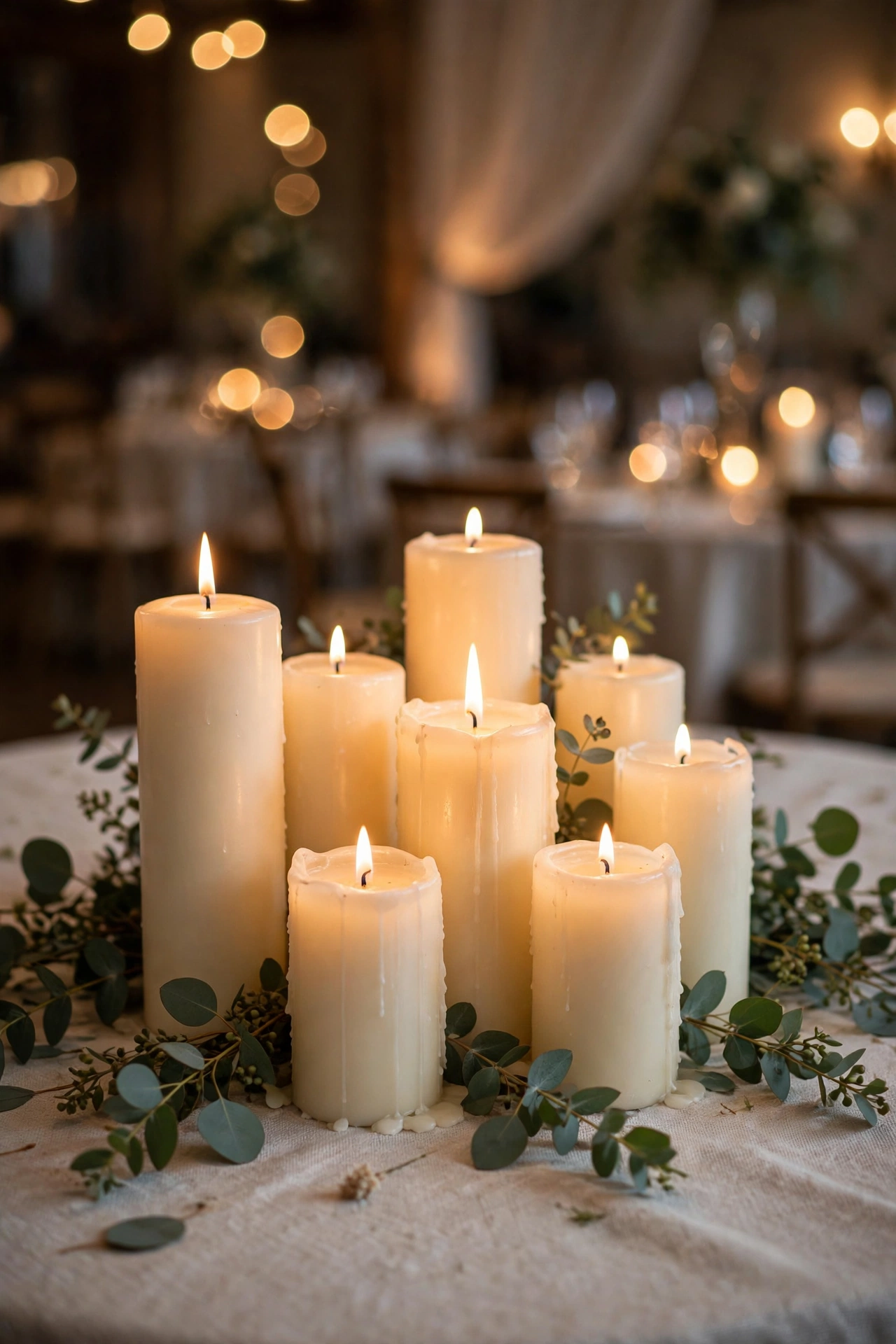 Cluster of ivory pillar candles glowing on a wedding reception table surrounded by eucalyptus