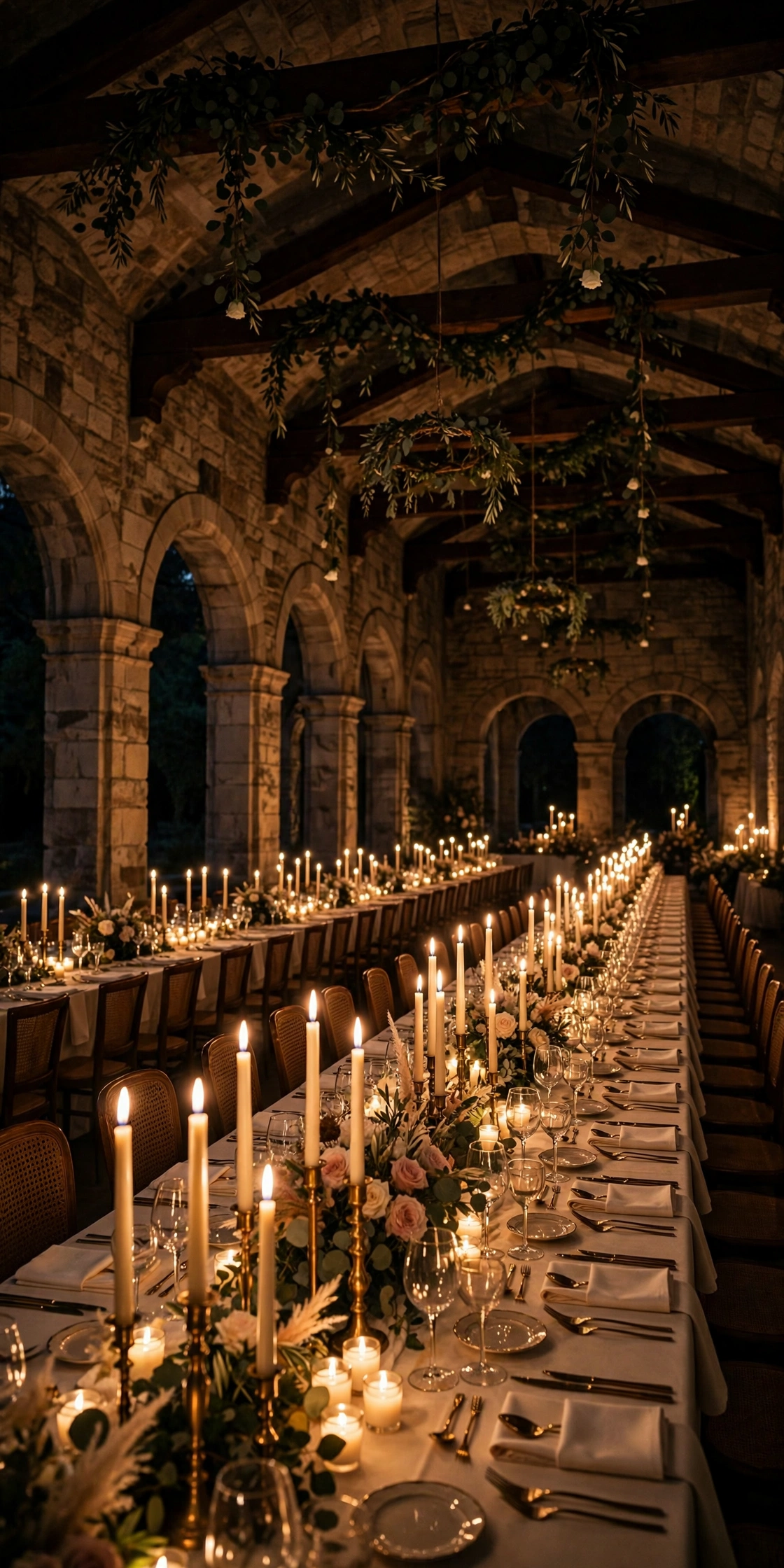 Wedding reception hall glowing with hundreds of candles on long tables at night