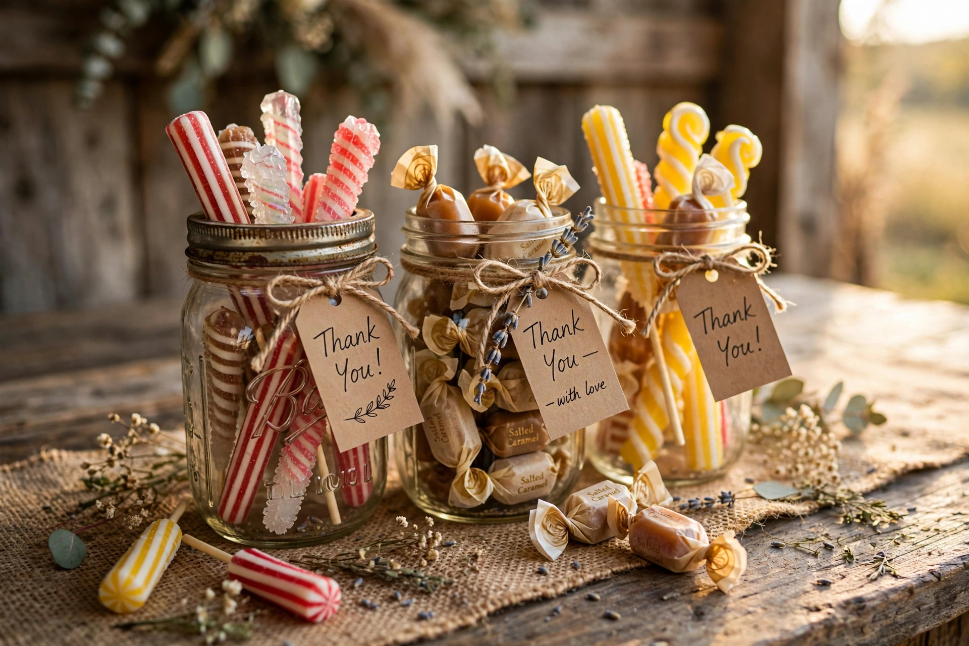 Vintage mason jars filled with striped rock candy and kraft thank-you tags
