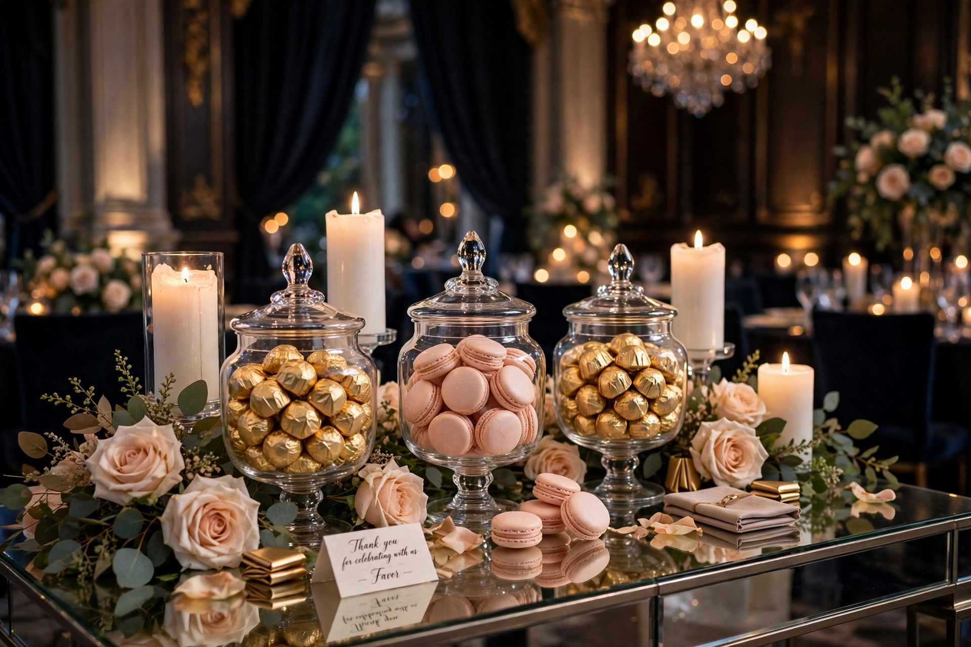 Crystal apothecary jars with gold-wrapped chocolates on a mirrored table