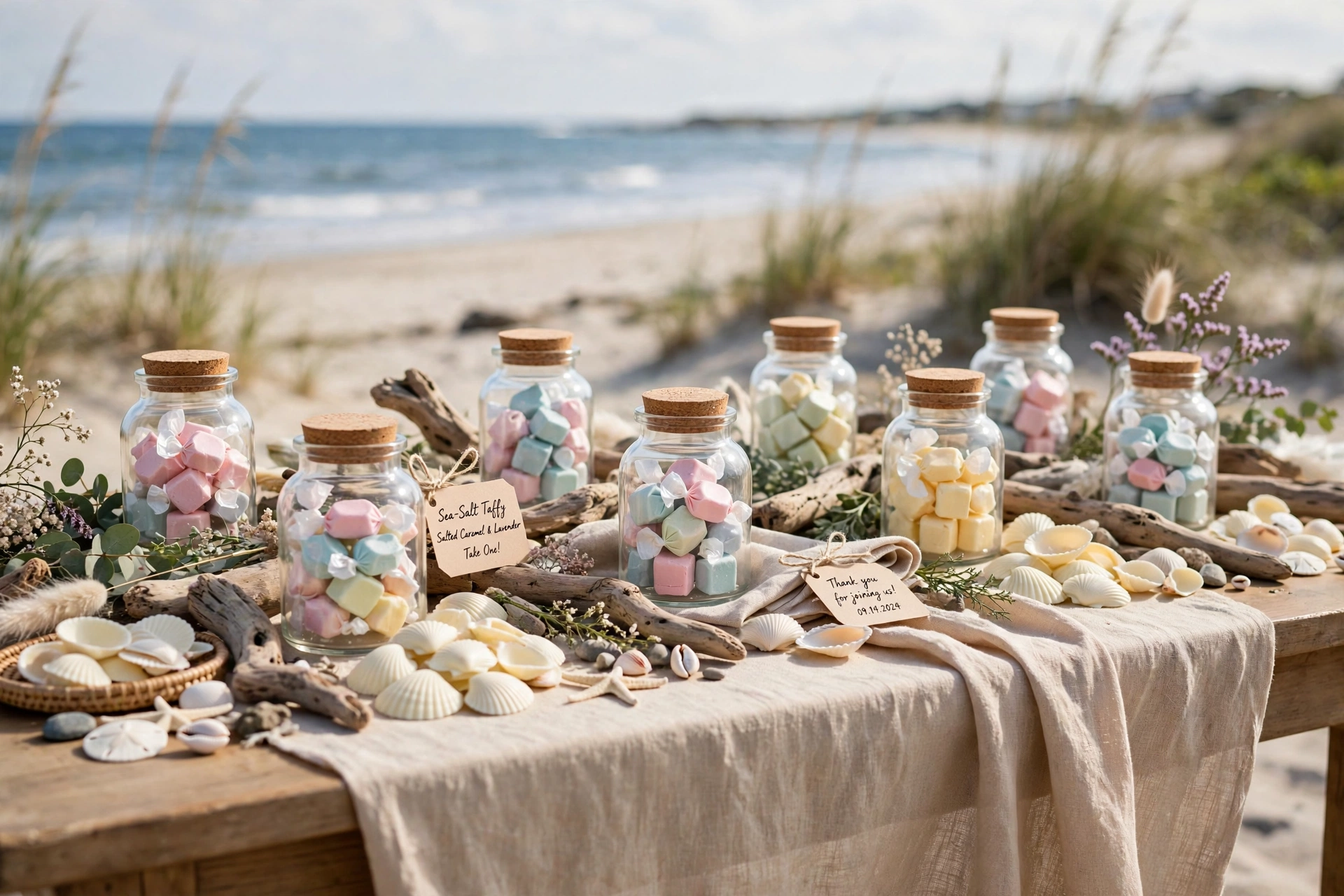 Coastal favor table with glass jars of pastel sea-salt taffy and shells