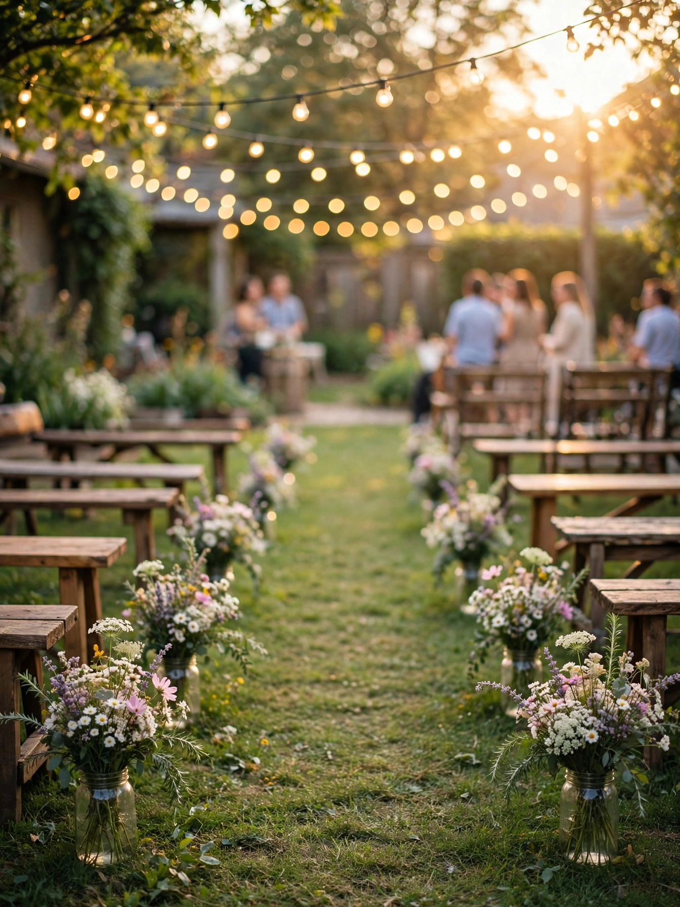 Relaxed casual backyard wedding ceremony with wooden benches, wildflowers and string lights at golden hour