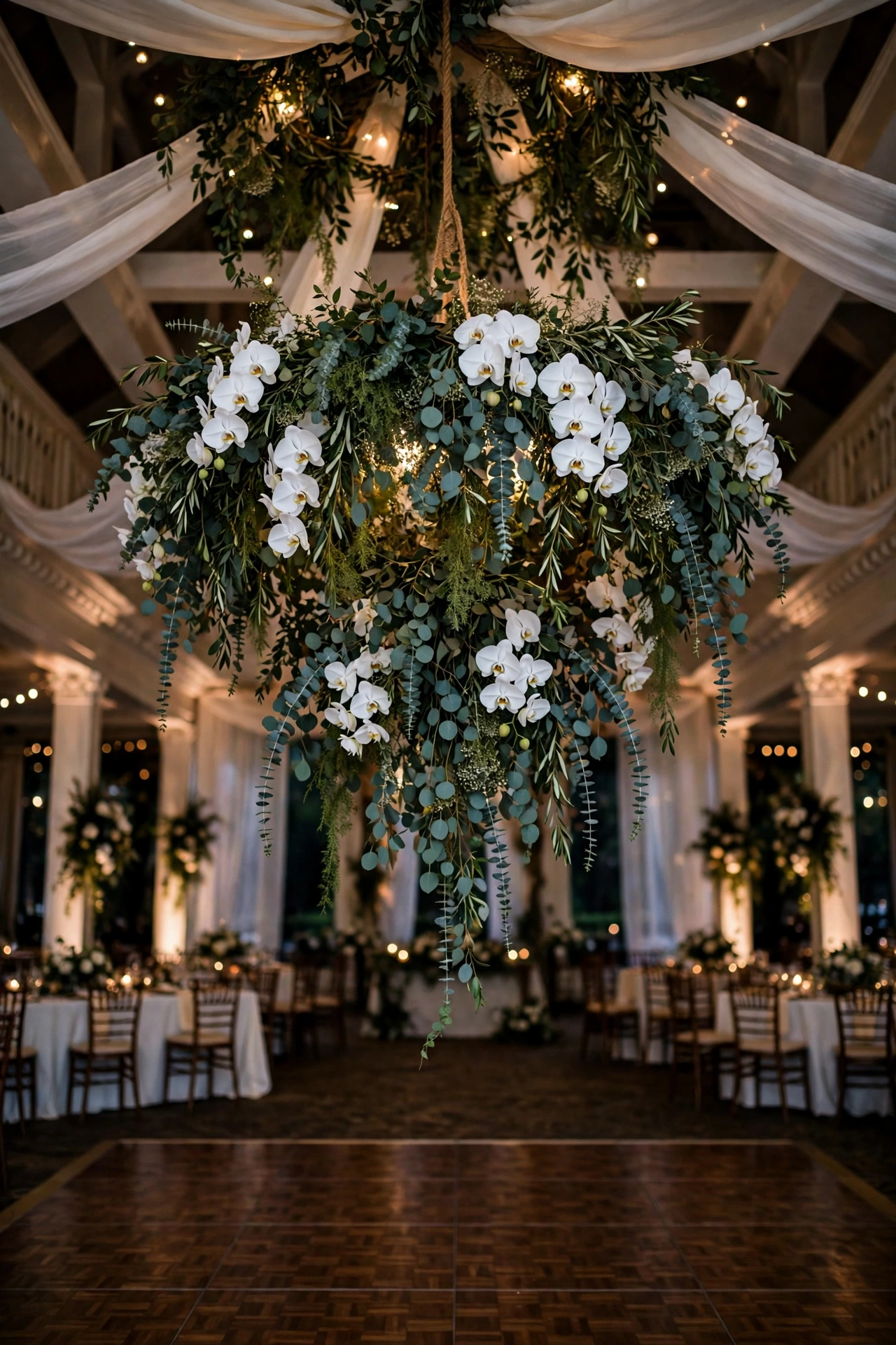 Hanging greenery and orchid chandelier installation over wedding dance floor
