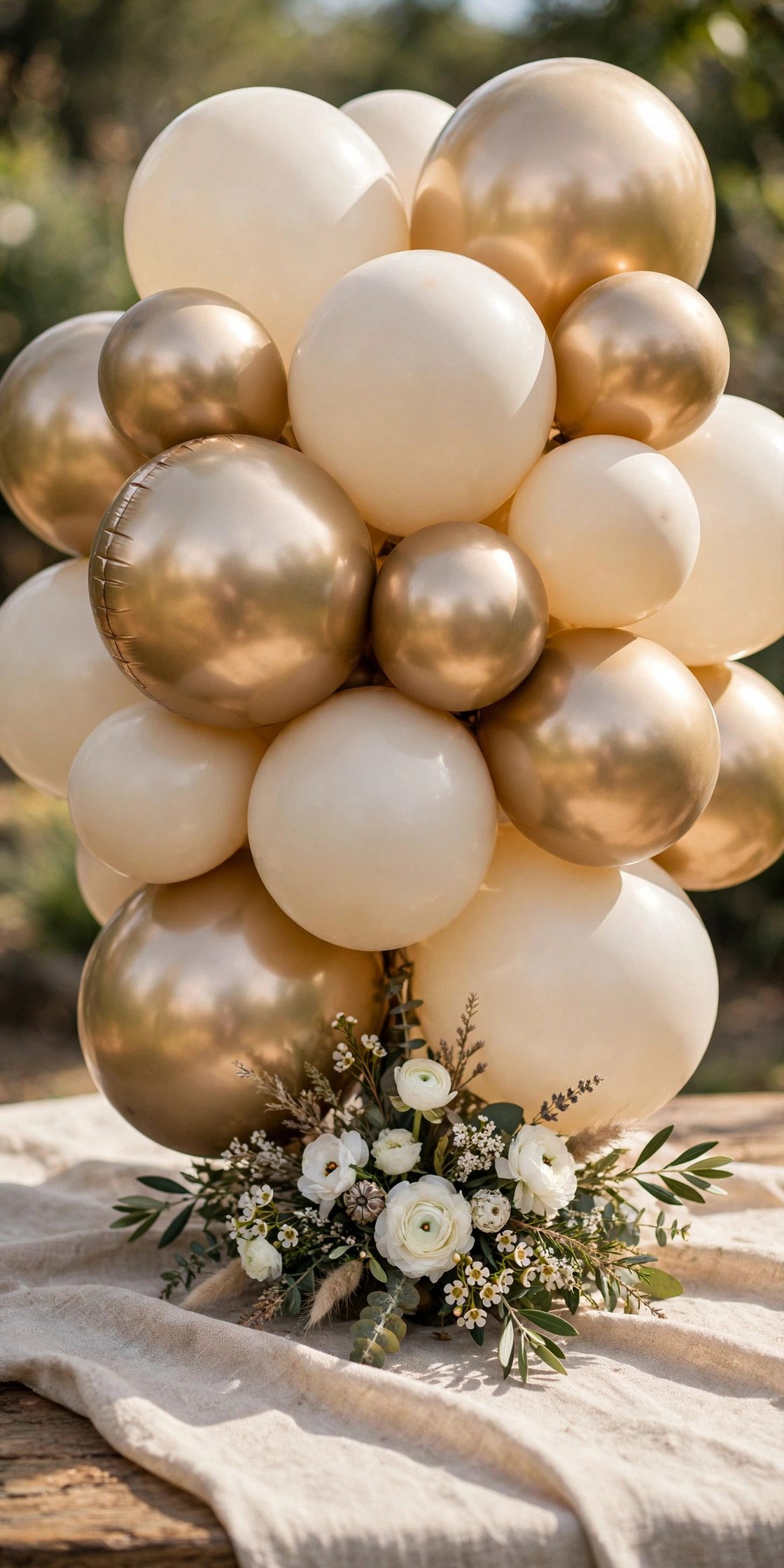 Champagne gold and cream balloon centerpiece cluster with white florals on a wedding table