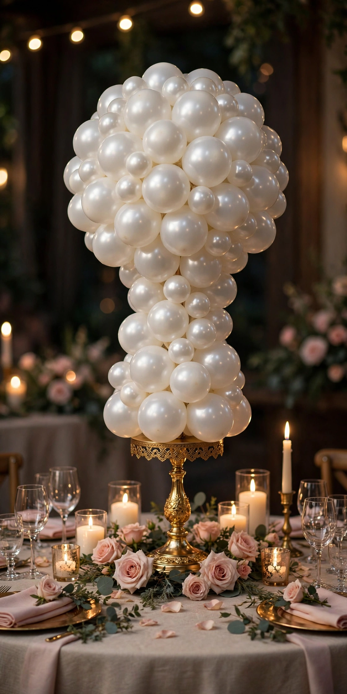 Tall pearl white balloon topiary centerpiece on a gold stand with blush roses