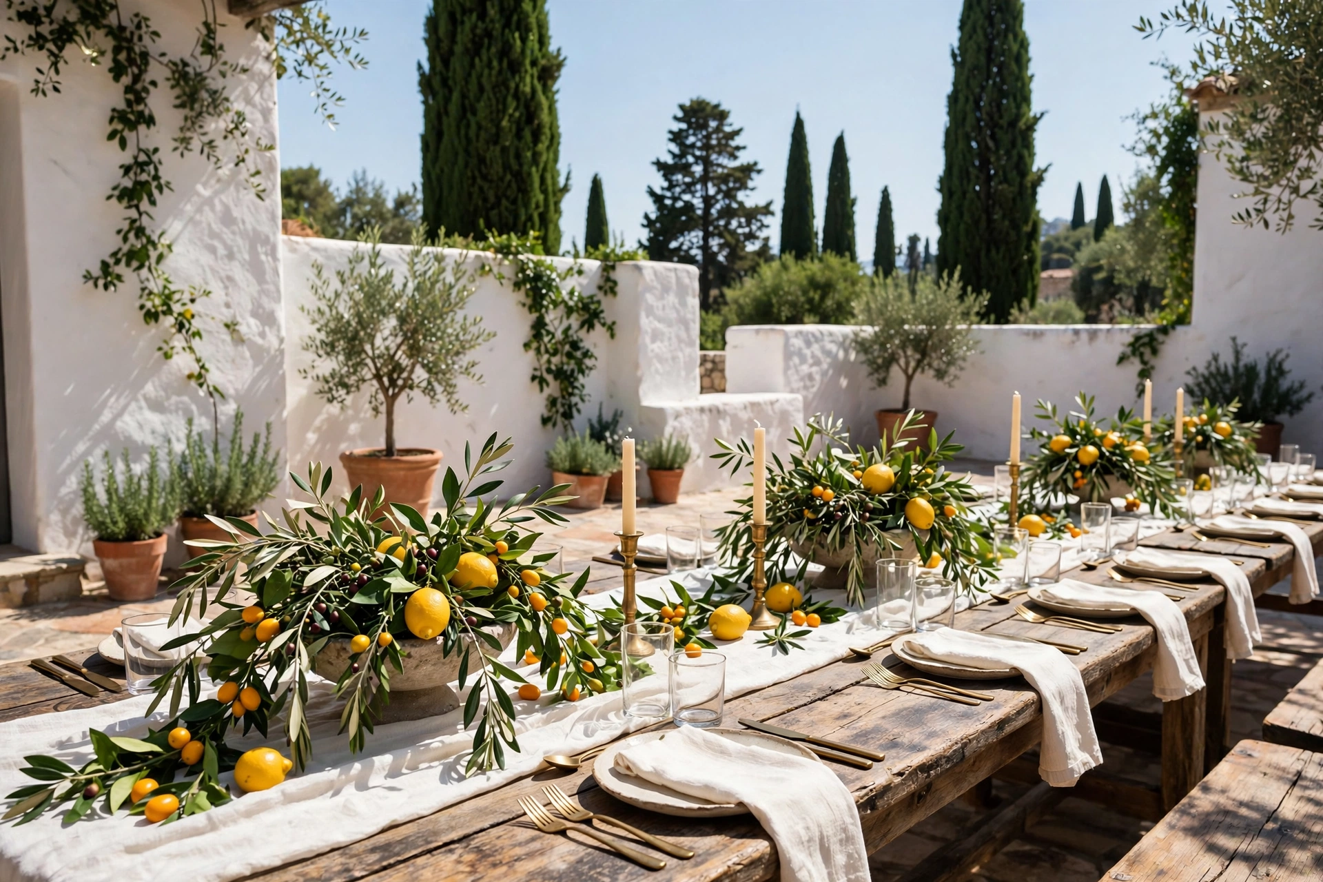 Tall citrus and olive branch wedding centerpiece with brass candlesticks on a sunlit Mediterranean courtyard table